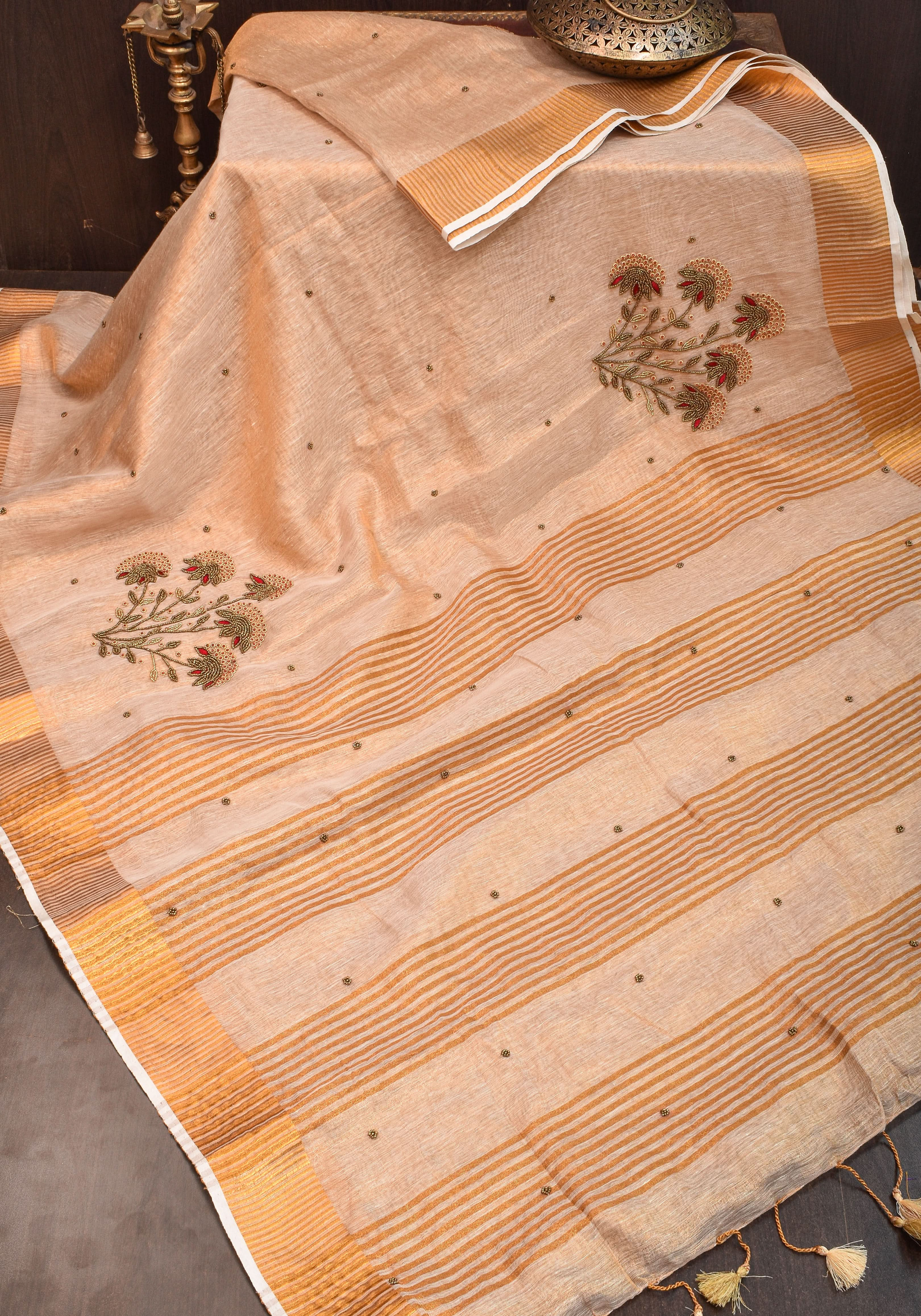 Tissue Linen Saree in Tan Tissue with  Bead and embroidery handwork