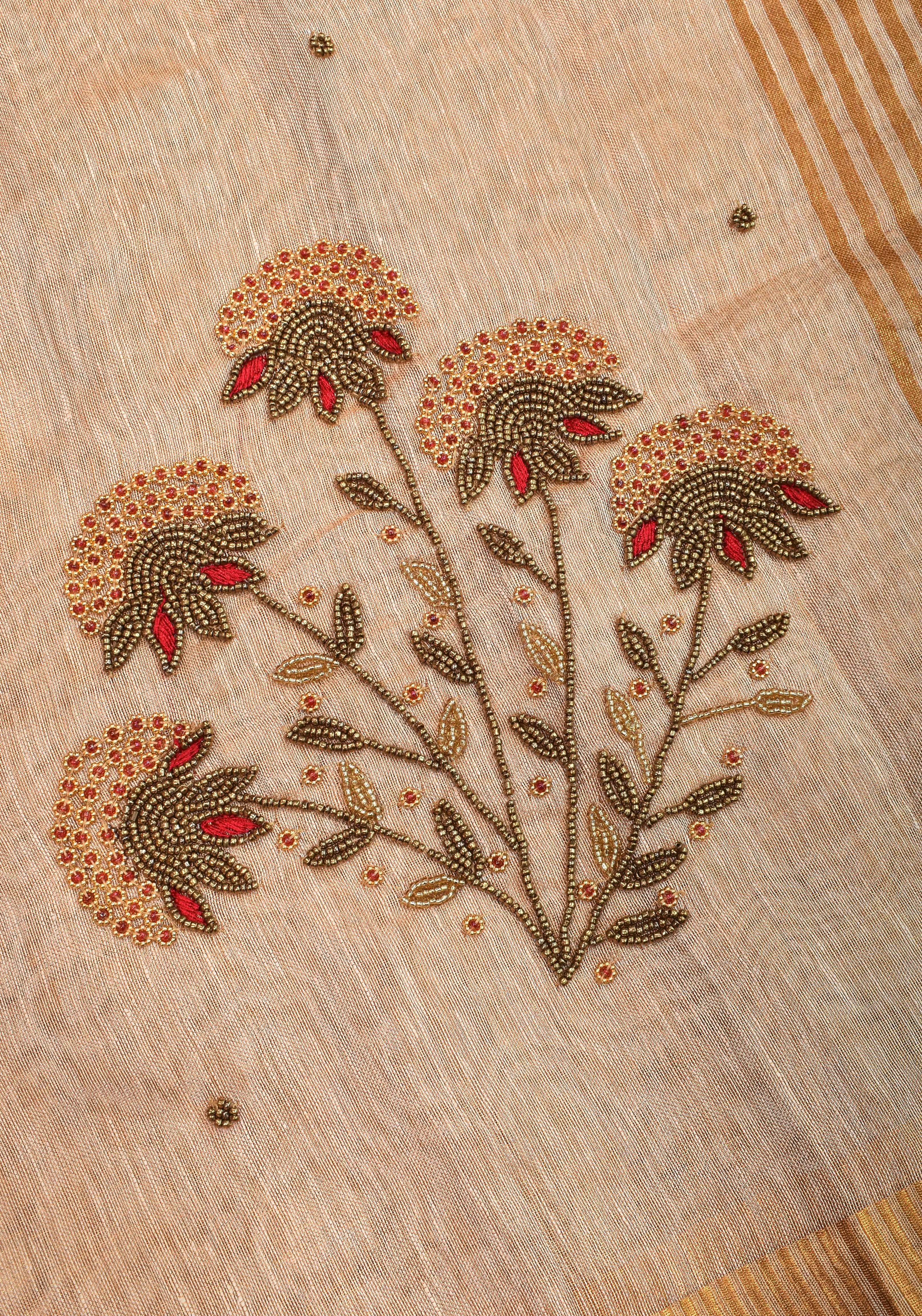 Tissue Linen Saree in Tan Tissue with  Bead and embroidery handwork