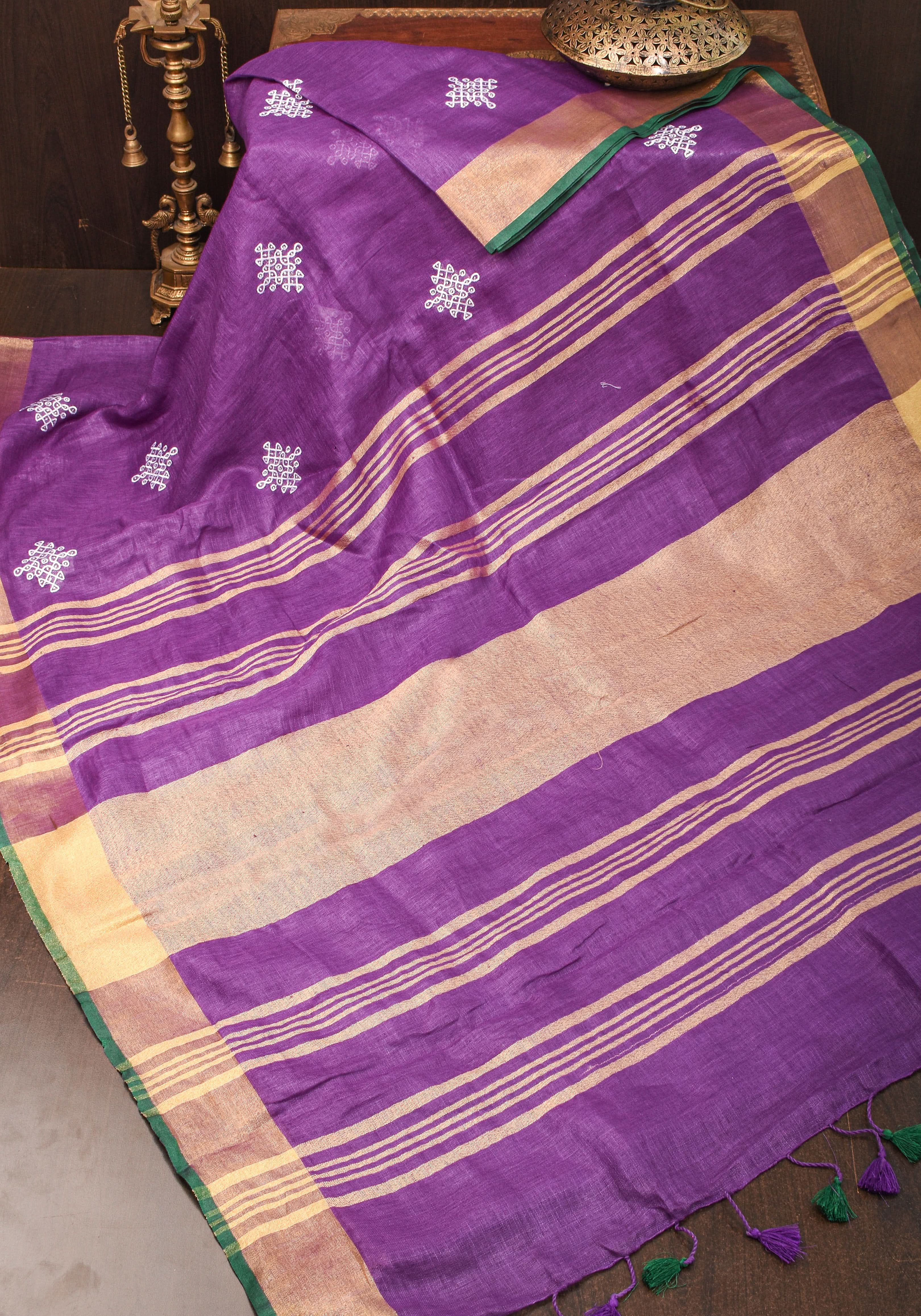 Kolam Design on Pure Linen by Linen Saree in Purple, Gold and Green