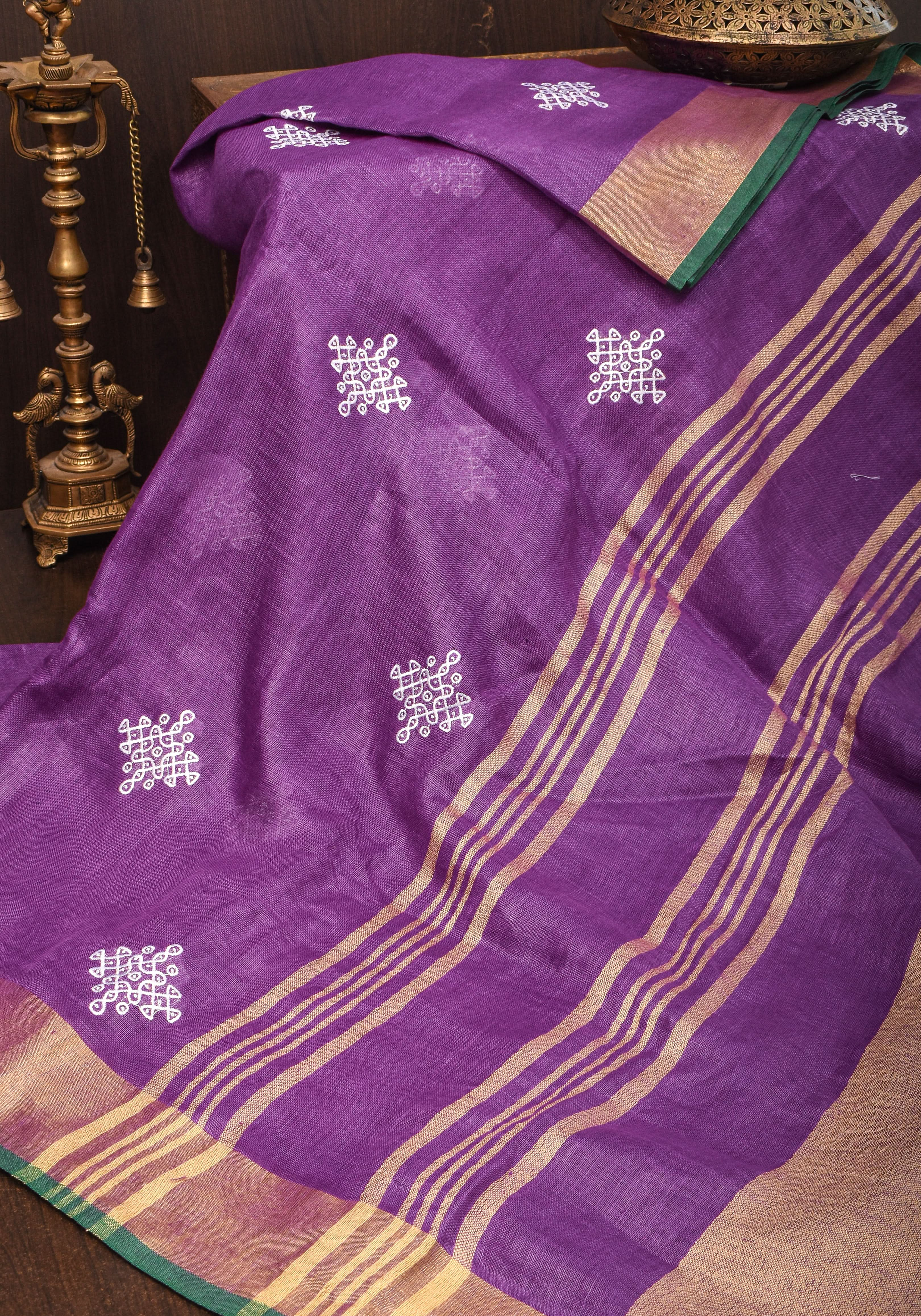 Kolam Design on Pure Linen by Linen Saree in Purple, Gold and Green