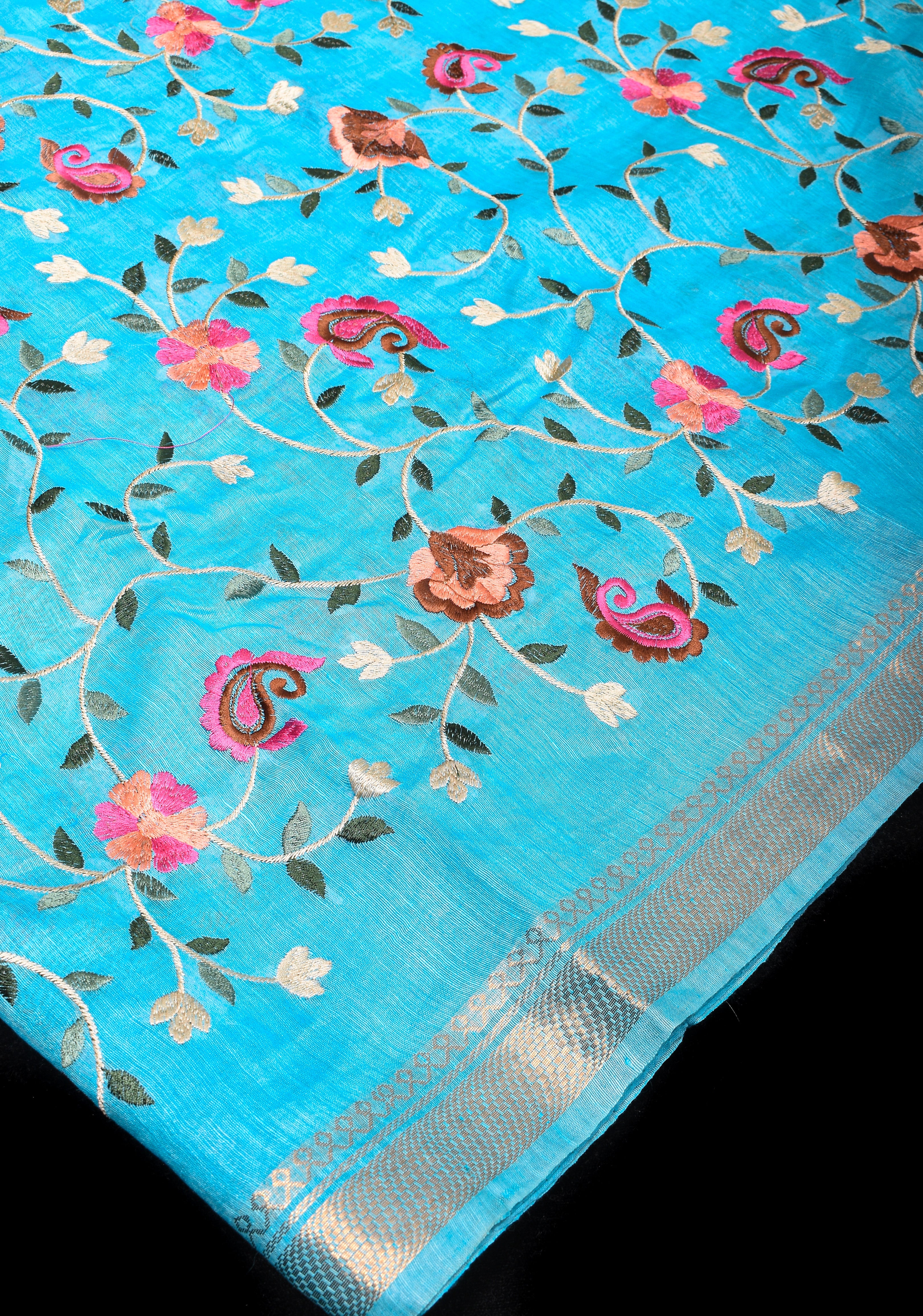 Floral Jaal embroidery on Silk Linen In Blue with woven zari borders