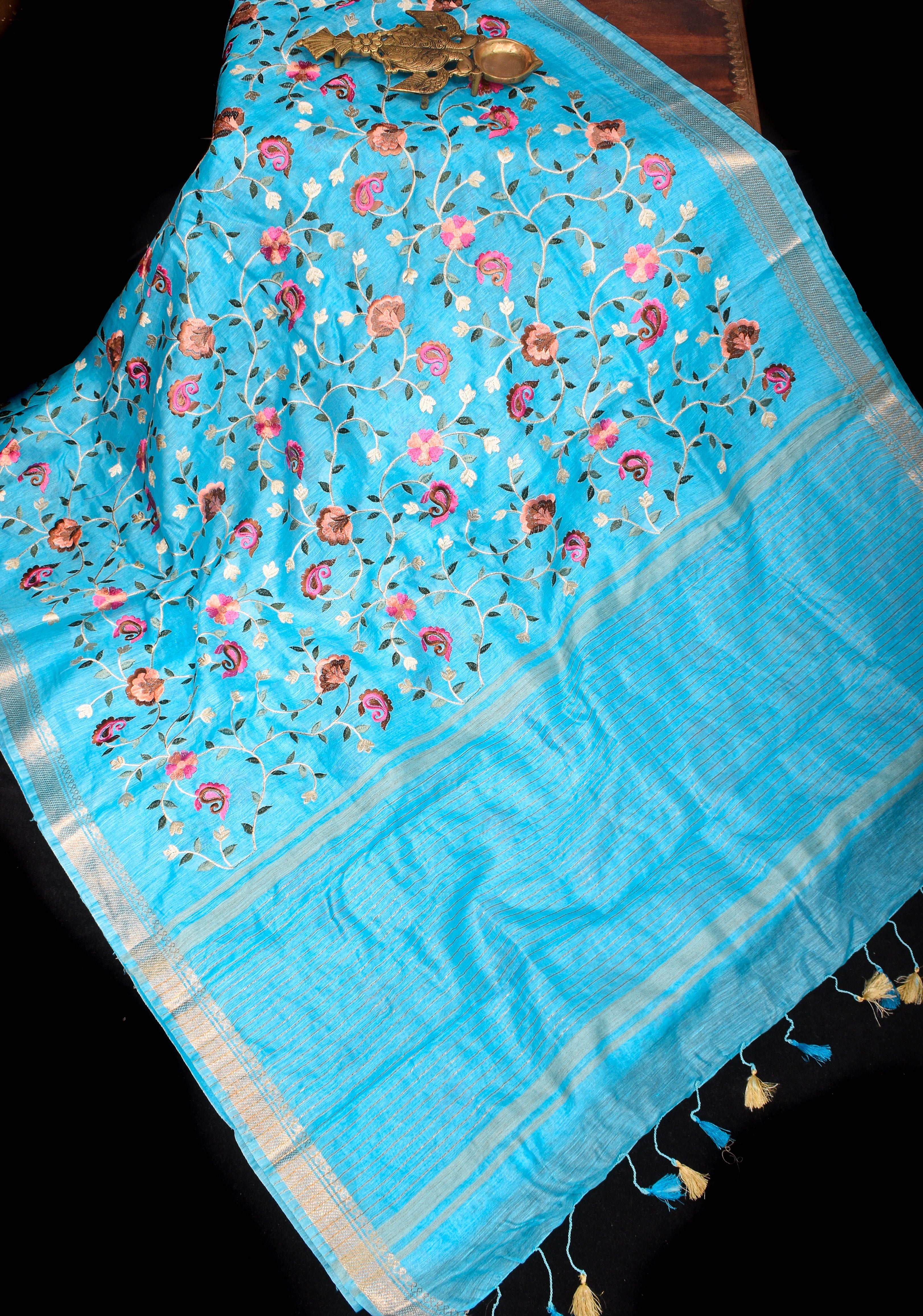 Floral Jaal embroidery on Silk Linen In Blue with woven zari borders