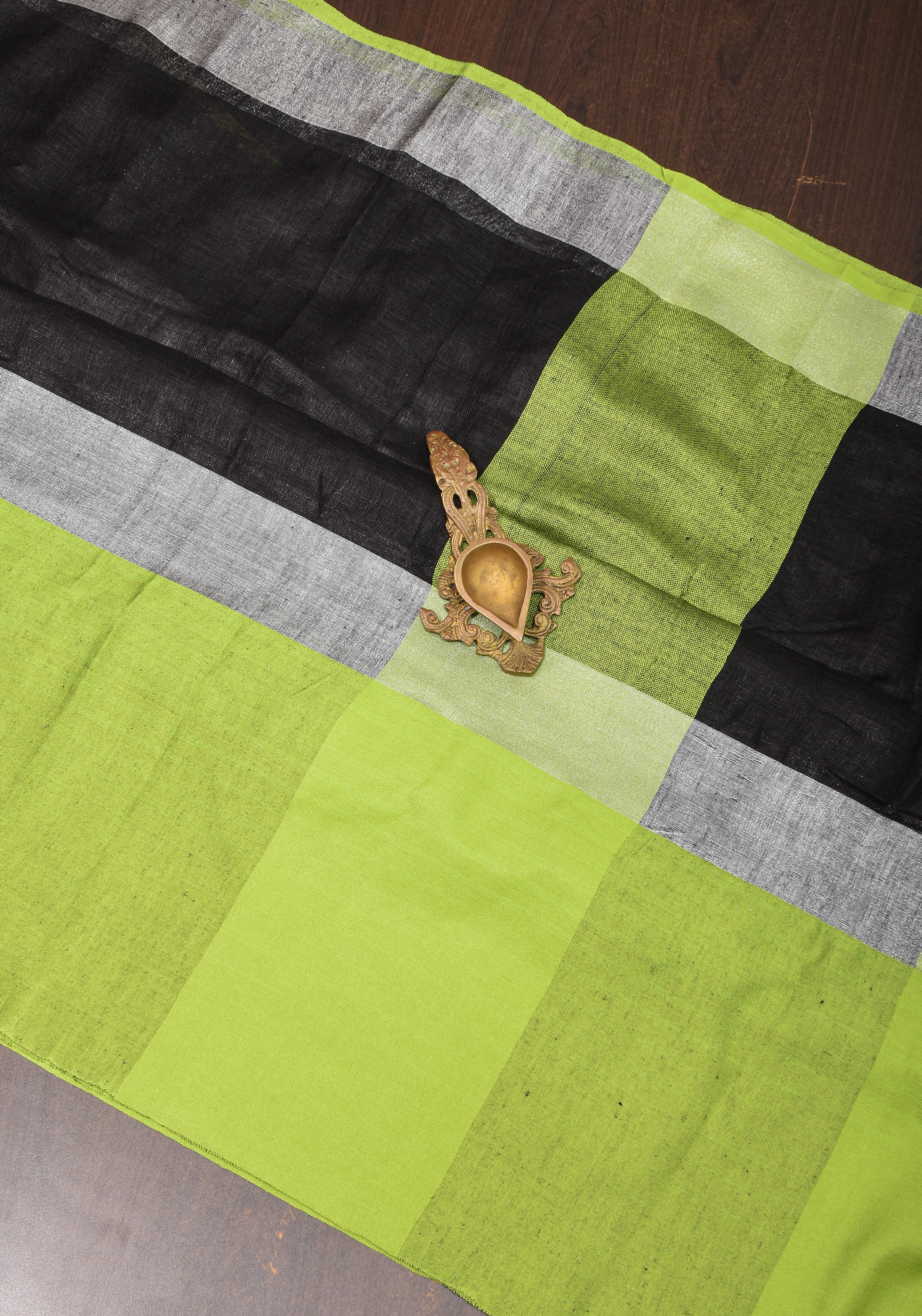 Black and Leaf Green Wide Border Linen by Linen Saree