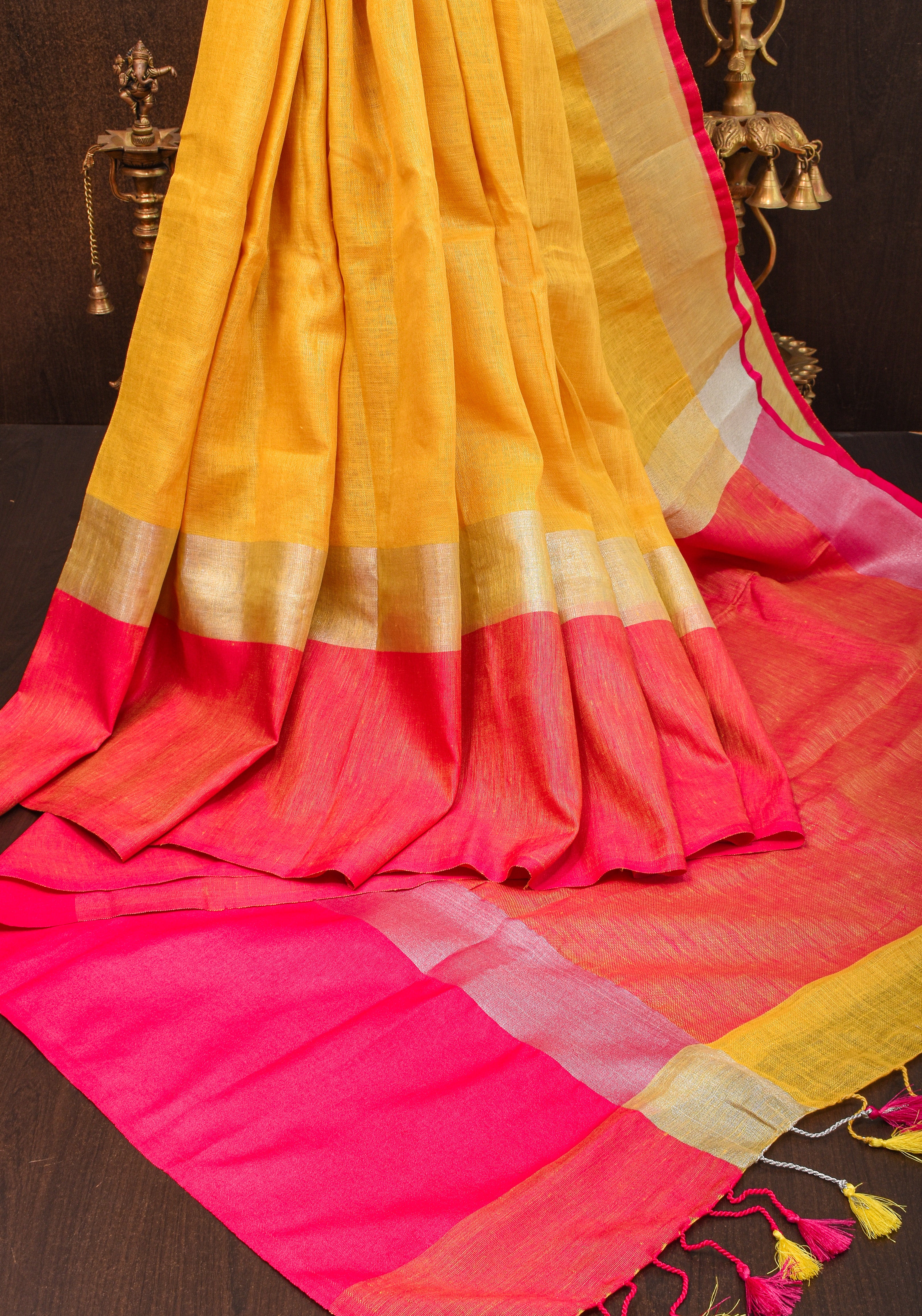 Yellow and Bright Pink Wide Border Linen by Linen Saree