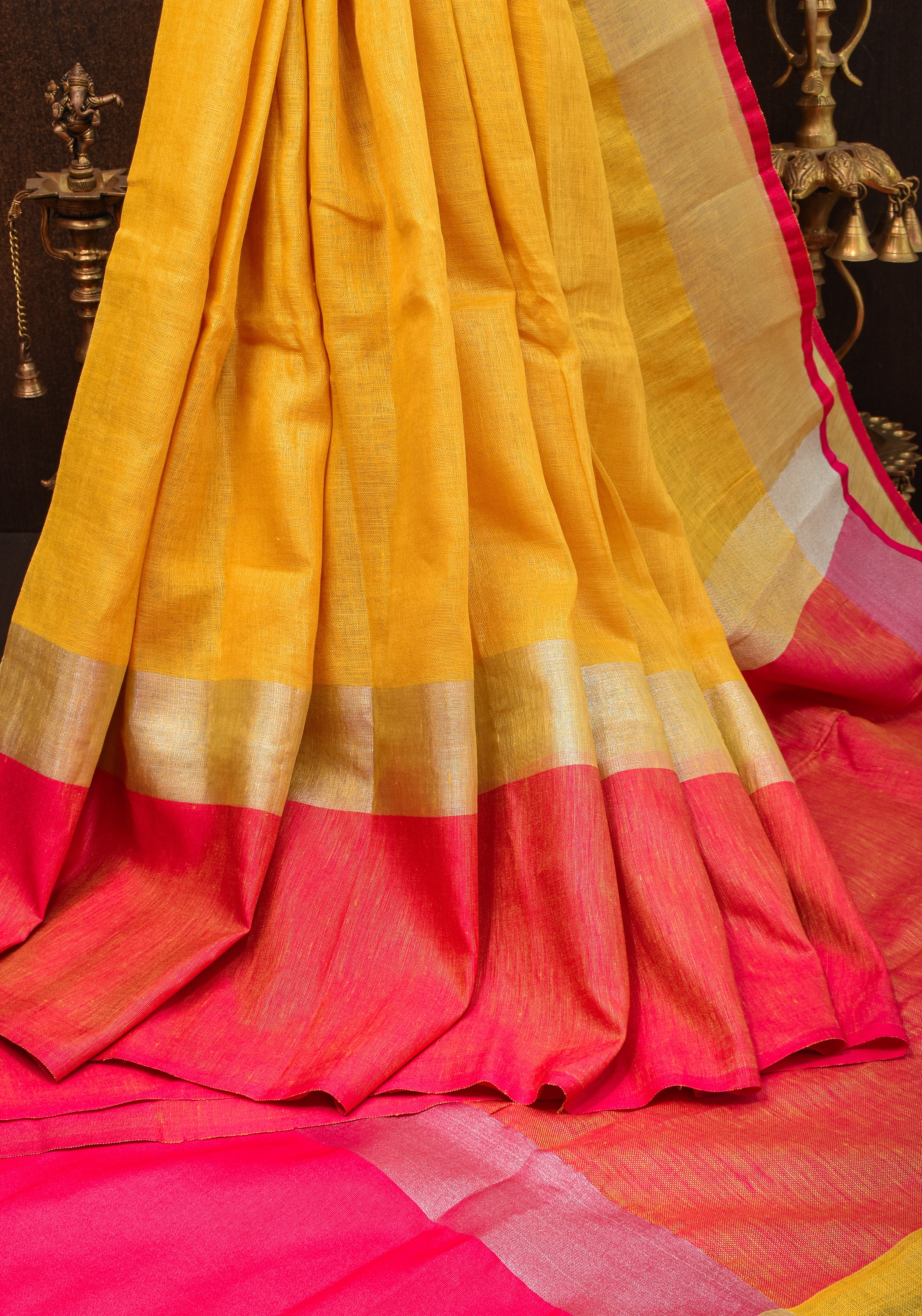 Yellow and Bright Pink Wide Border Linen by Linen Saree