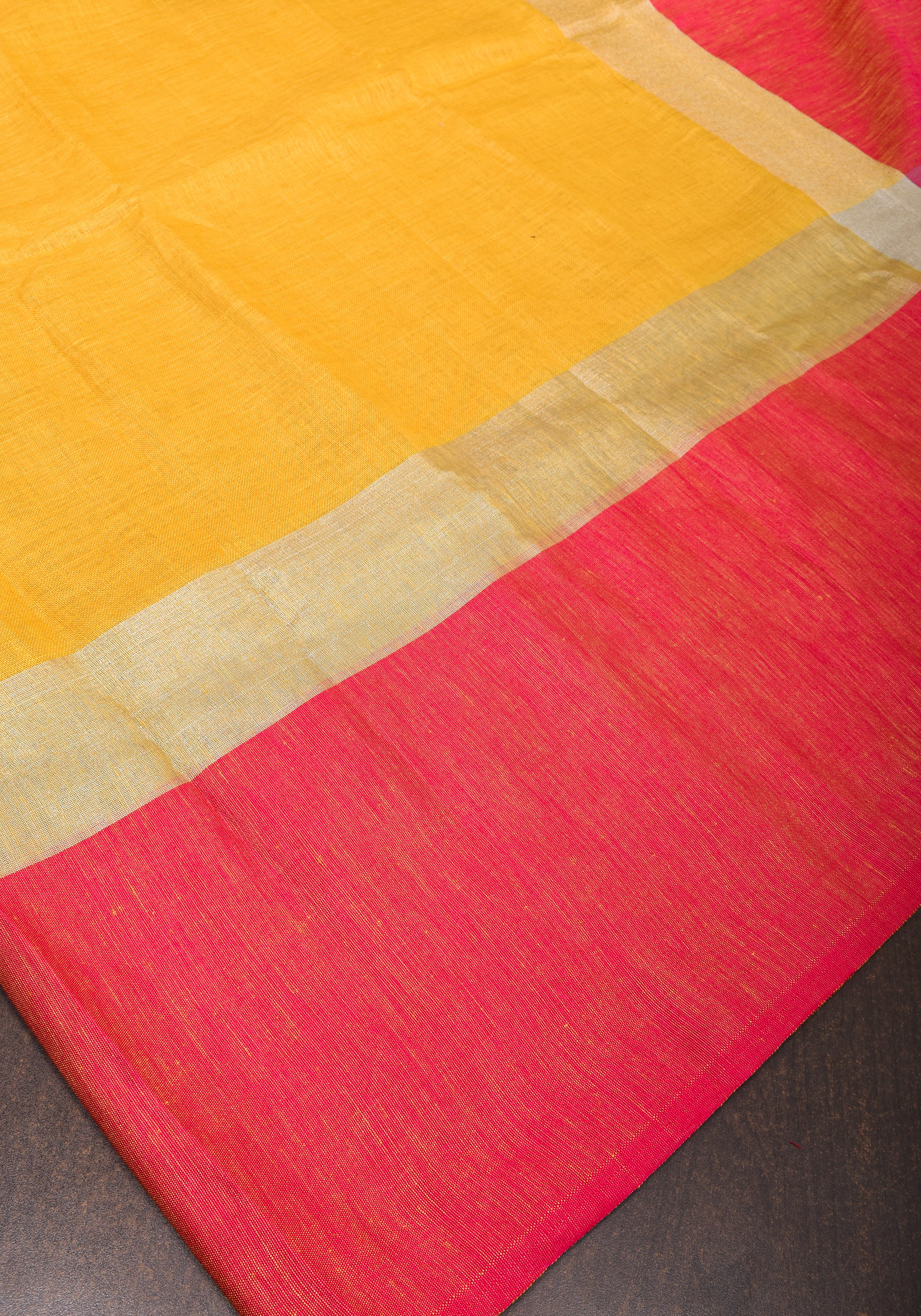 Yellow and Bright Pink Wide Border Linen by Linen Saree