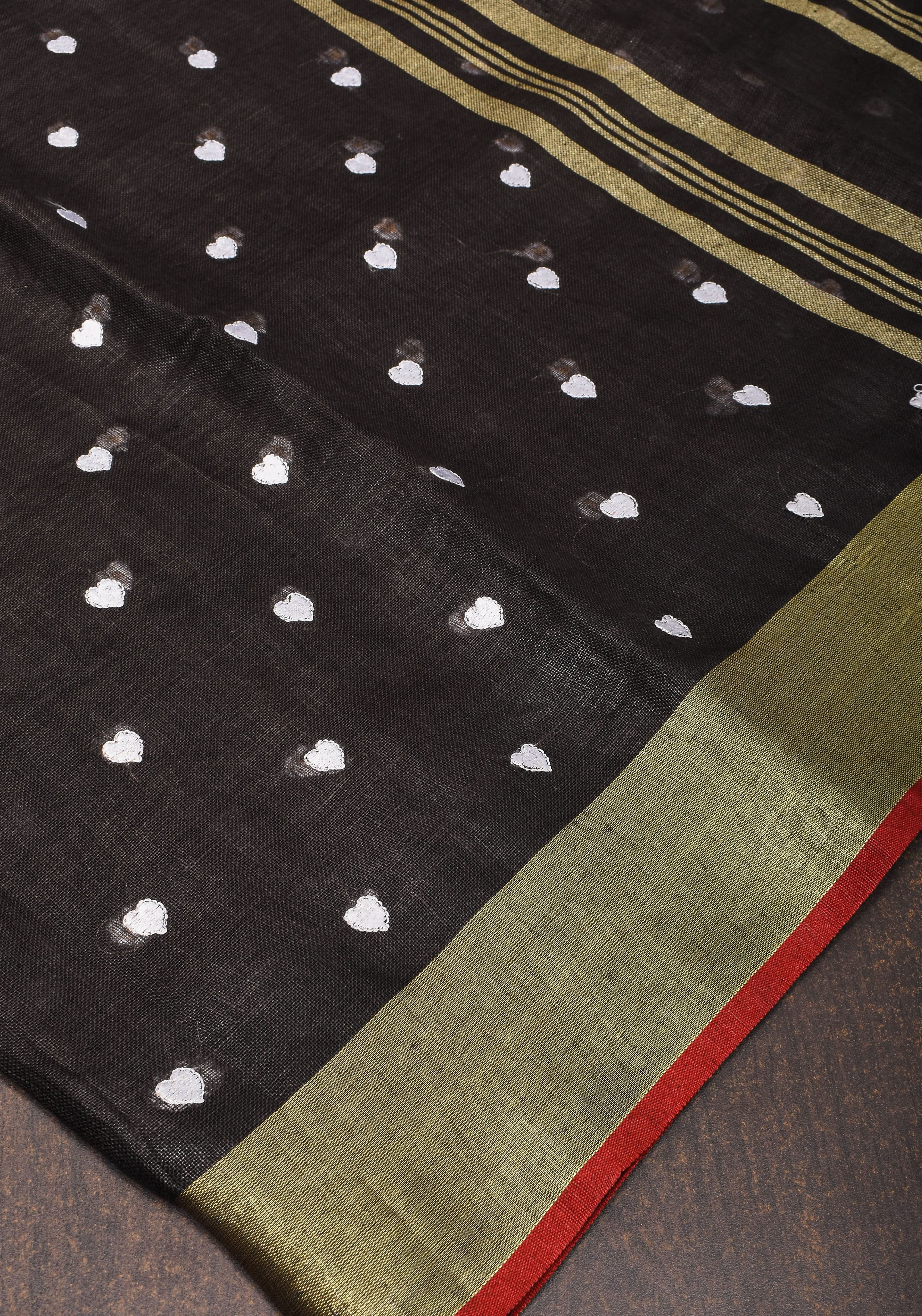 Loving Hearts Embroidered Black Pure Linen Saree