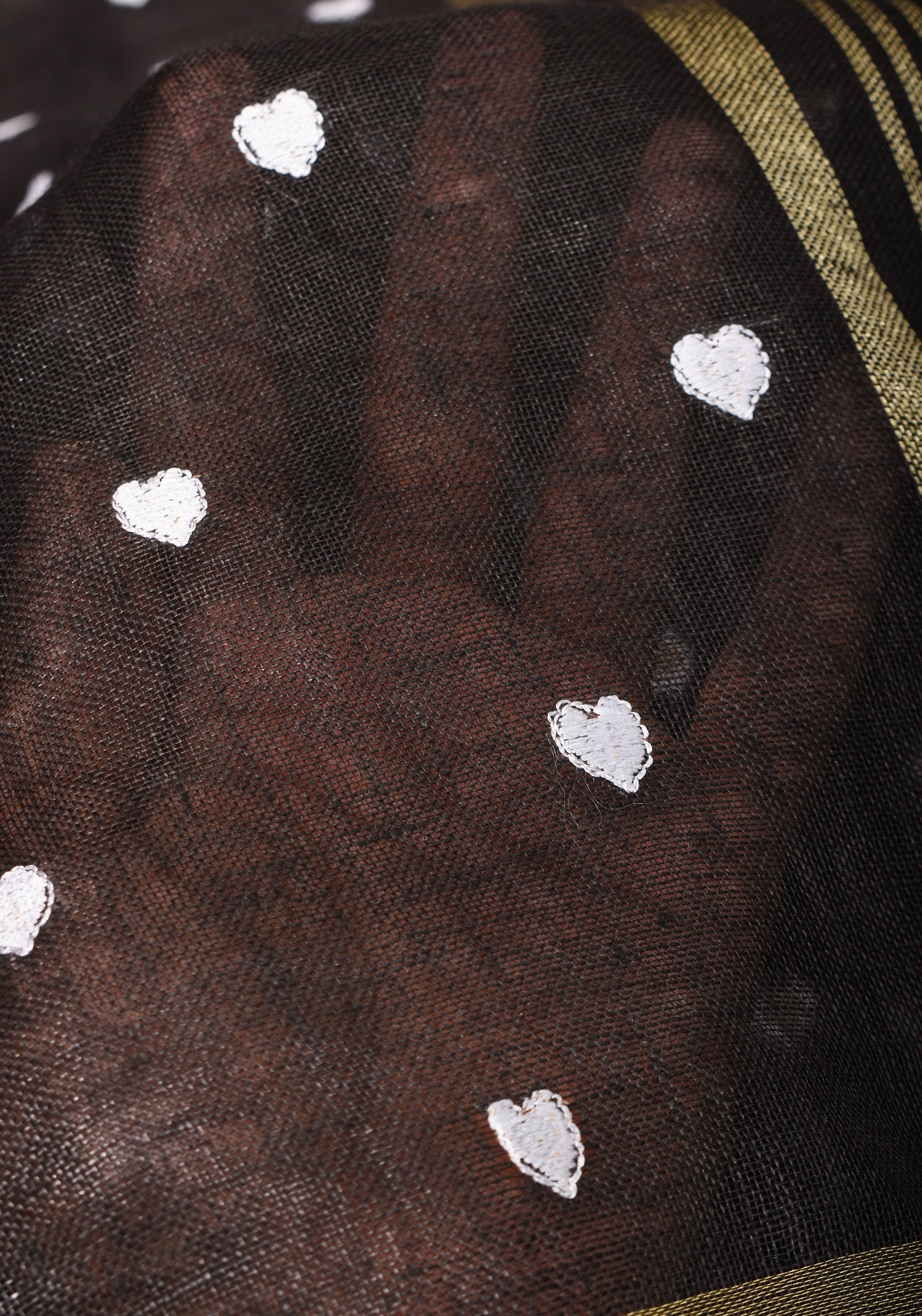 Loving Hearts Embroidered Black Pure Linen Saree