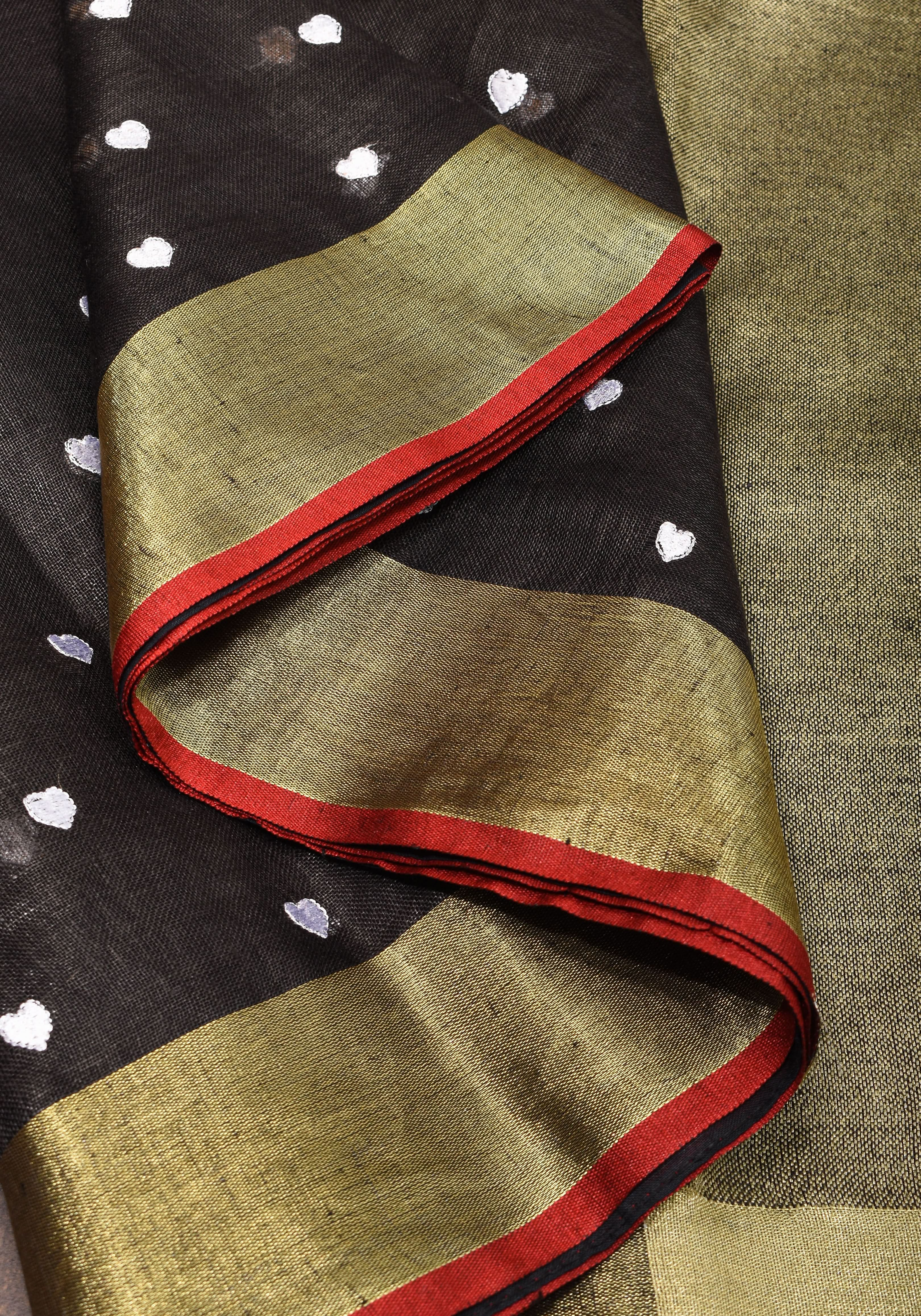 Loving Hearts Embroidered Black Pure Linen Saree