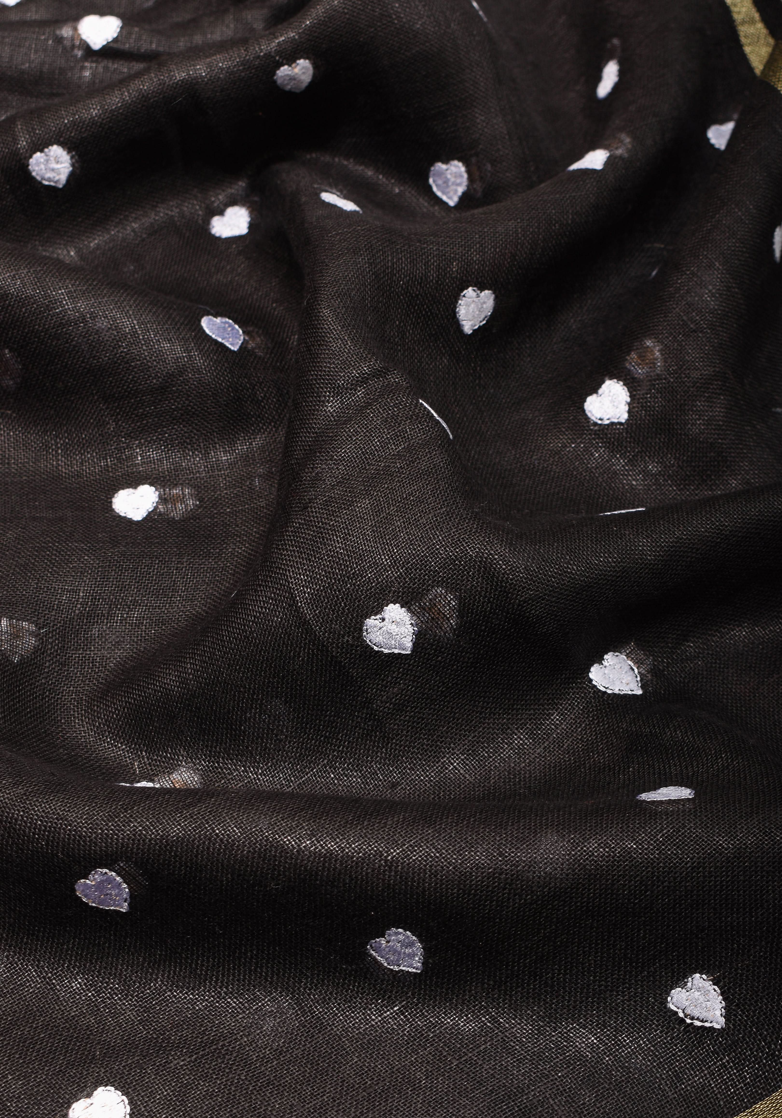 Loving Hearts Embroidered Black Pure Linen Saree