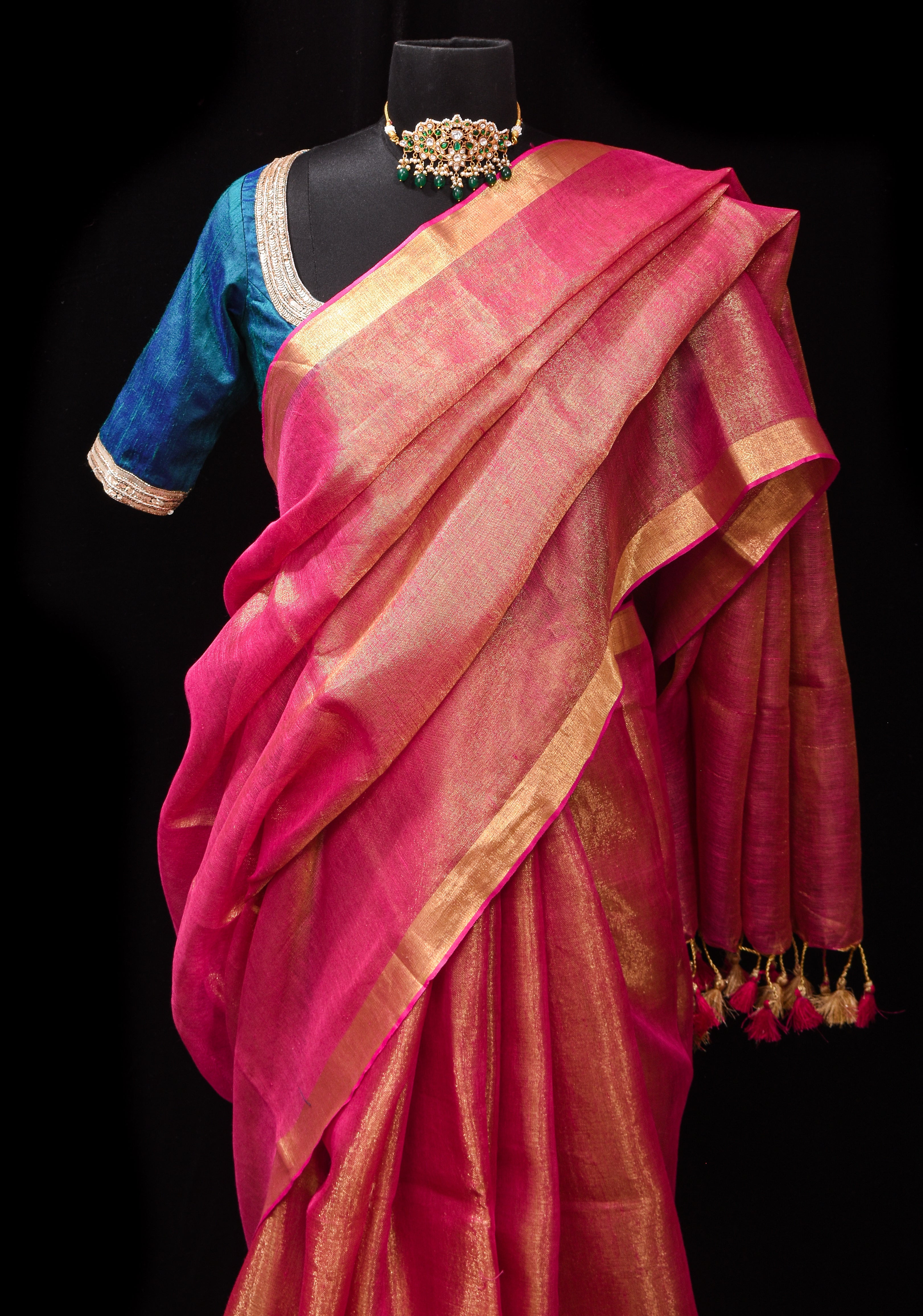 Tissue Linen Saree in Pink with  Minimal zari Border