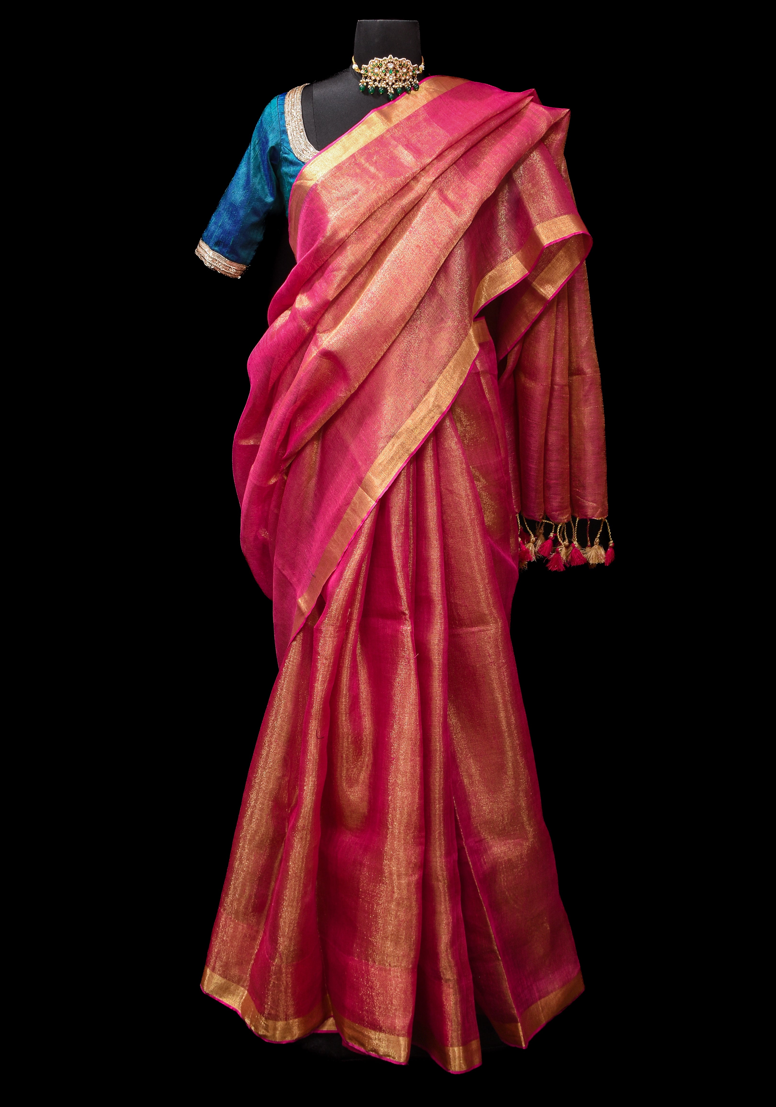 Tissue Linen Saree in Pink with  Minimal zari Border