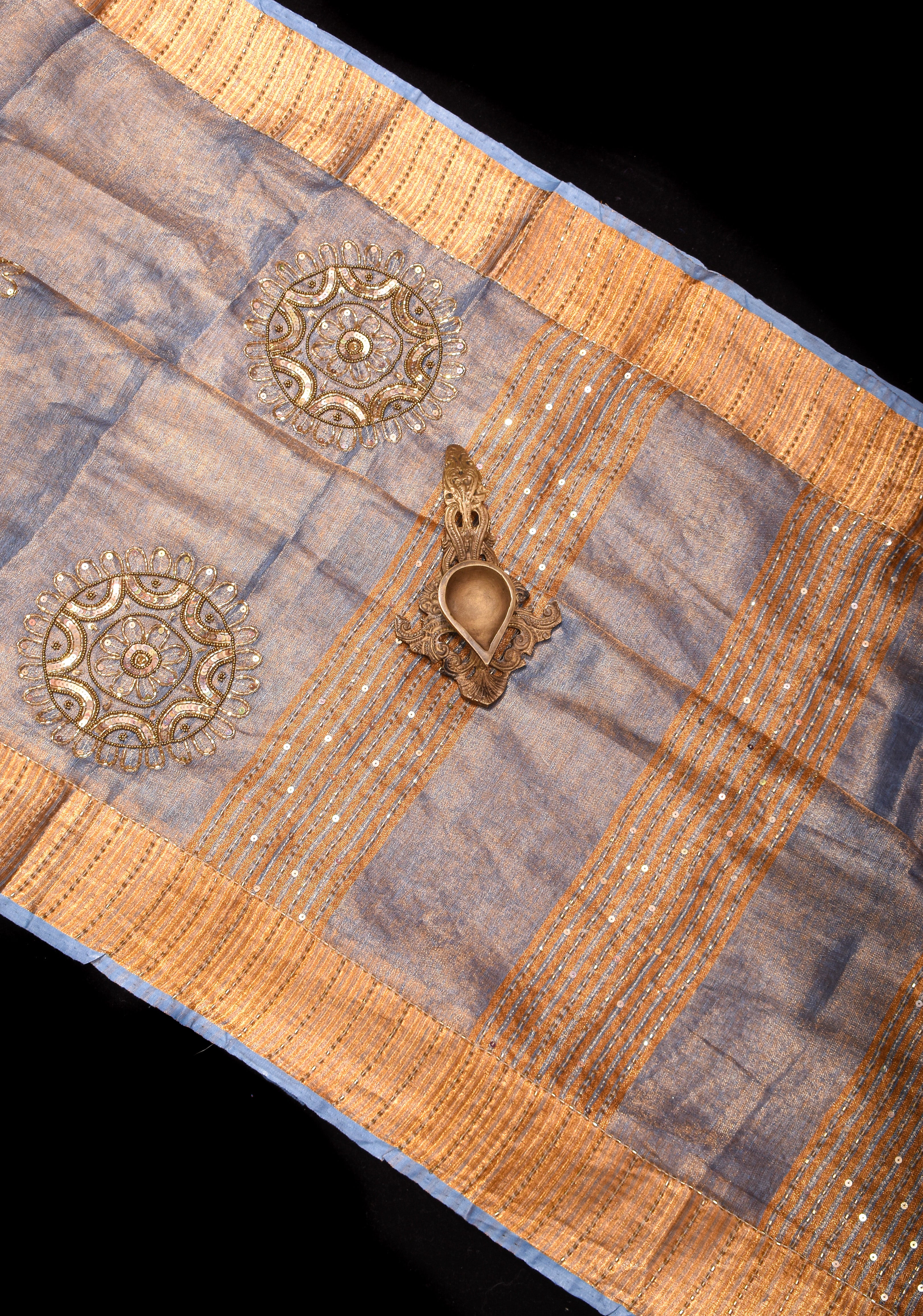 Gray Tissue Linen Saree with Sequin and Cutdana Handwork Mandala Buttas