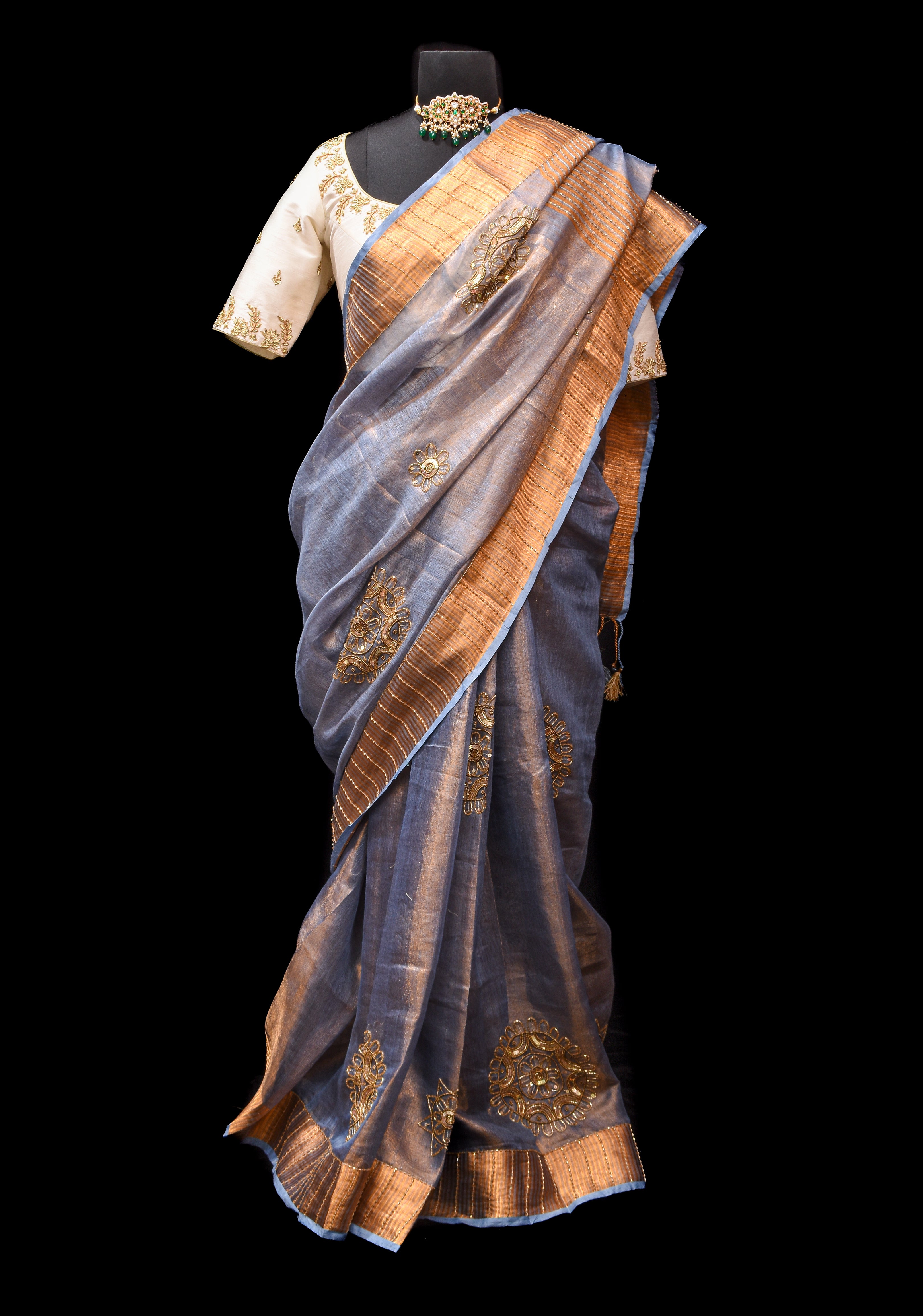 Gray Tissue Linen Saree with Sequin and Cutdana Handwork Mandala Buttas