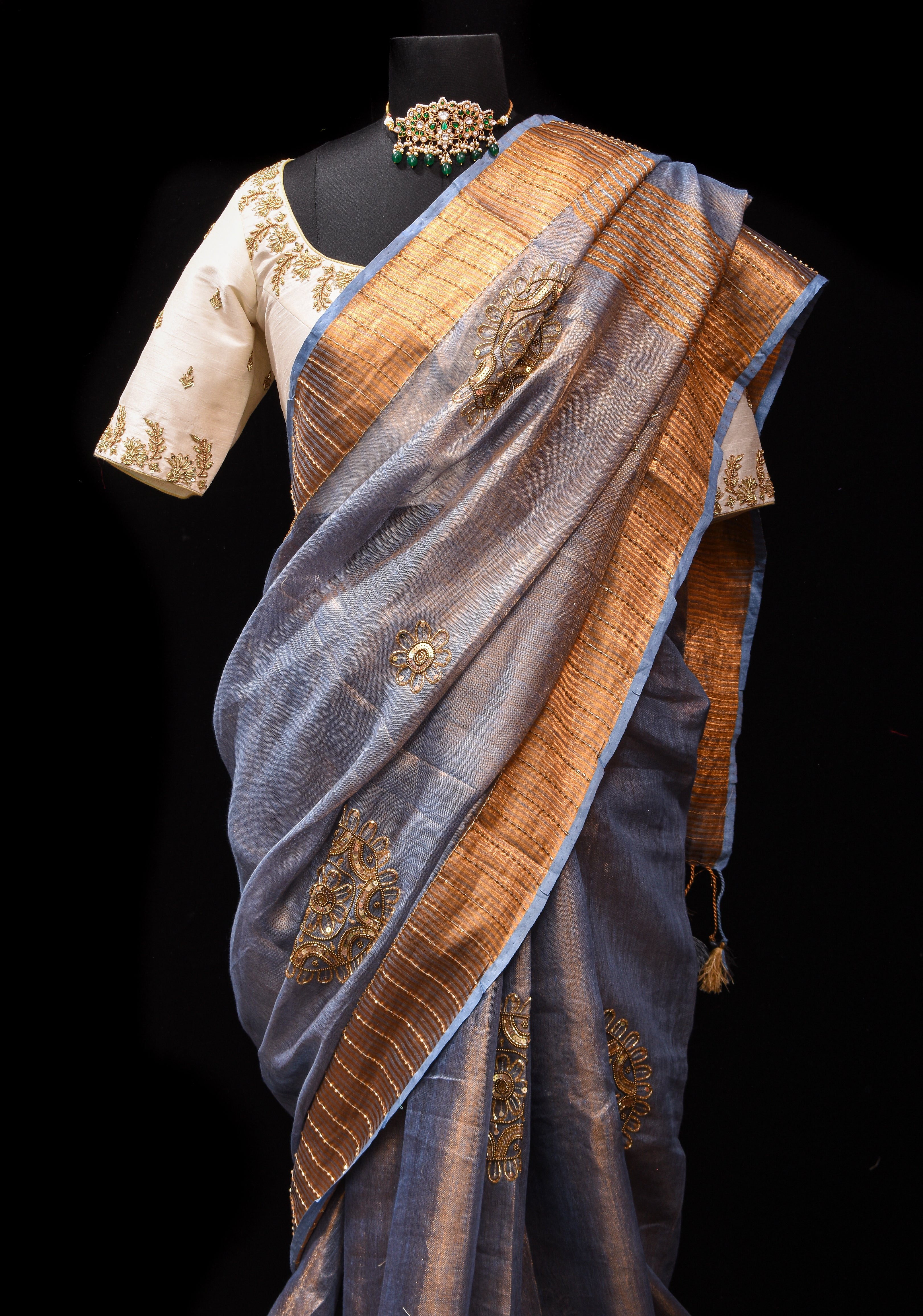 Gray Tissue Linen Saree with Sequin and Cutdana Handwork Mandala Buttas