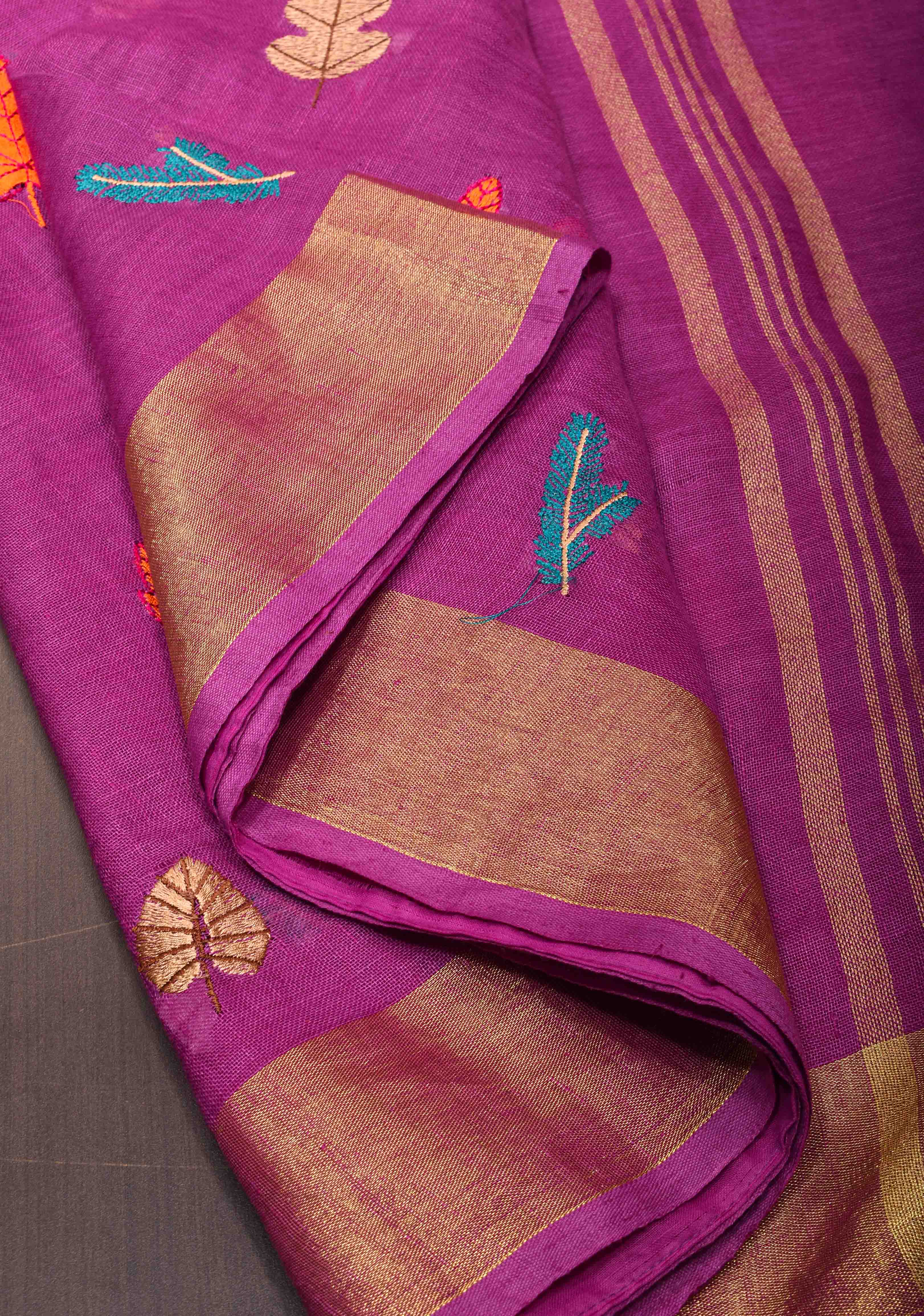 Light Purple Linen Saree with Embroidery | Shobitam Saree