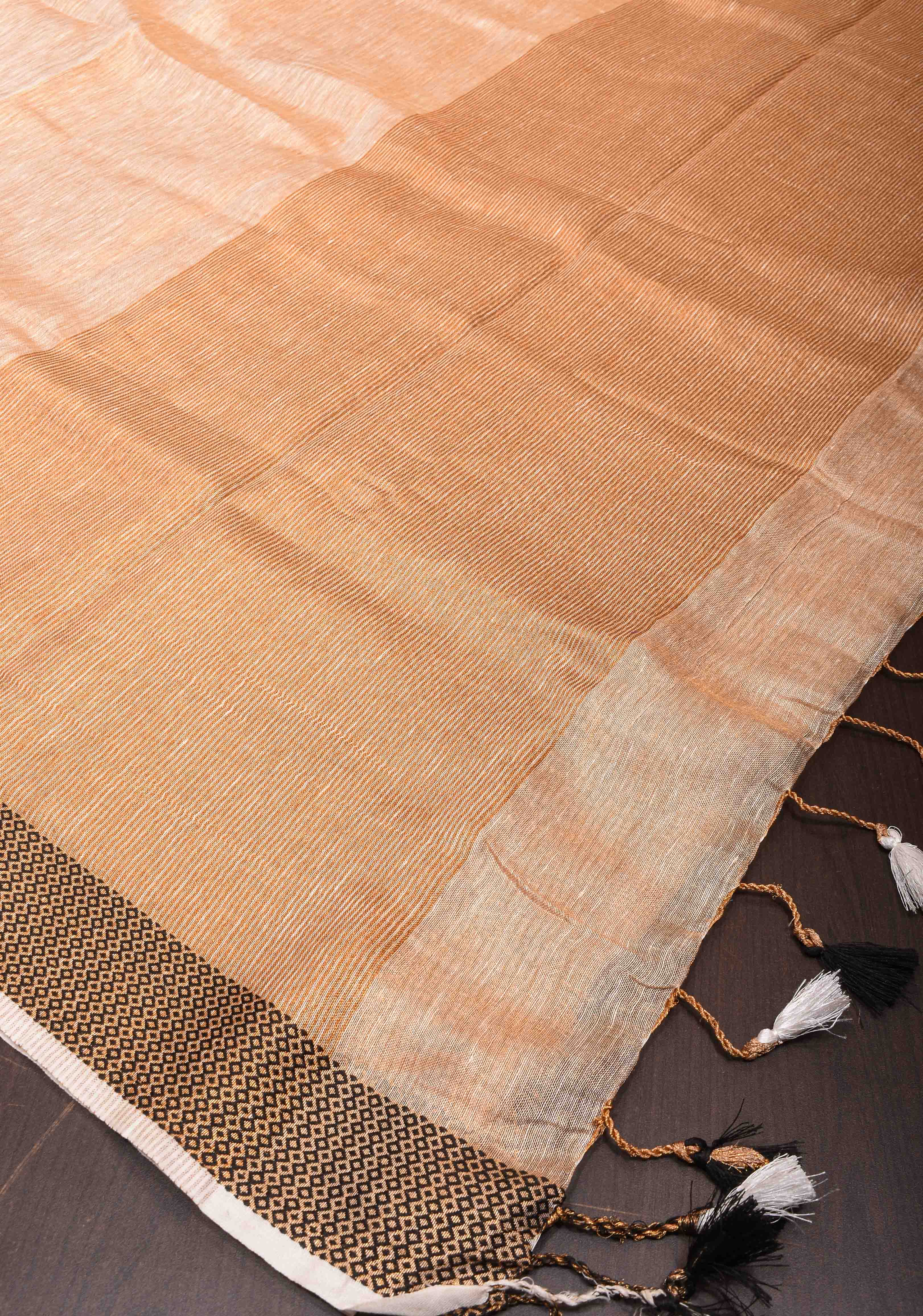 Beige Tissue Linen Saree with Contrast Zari Border and Pallu