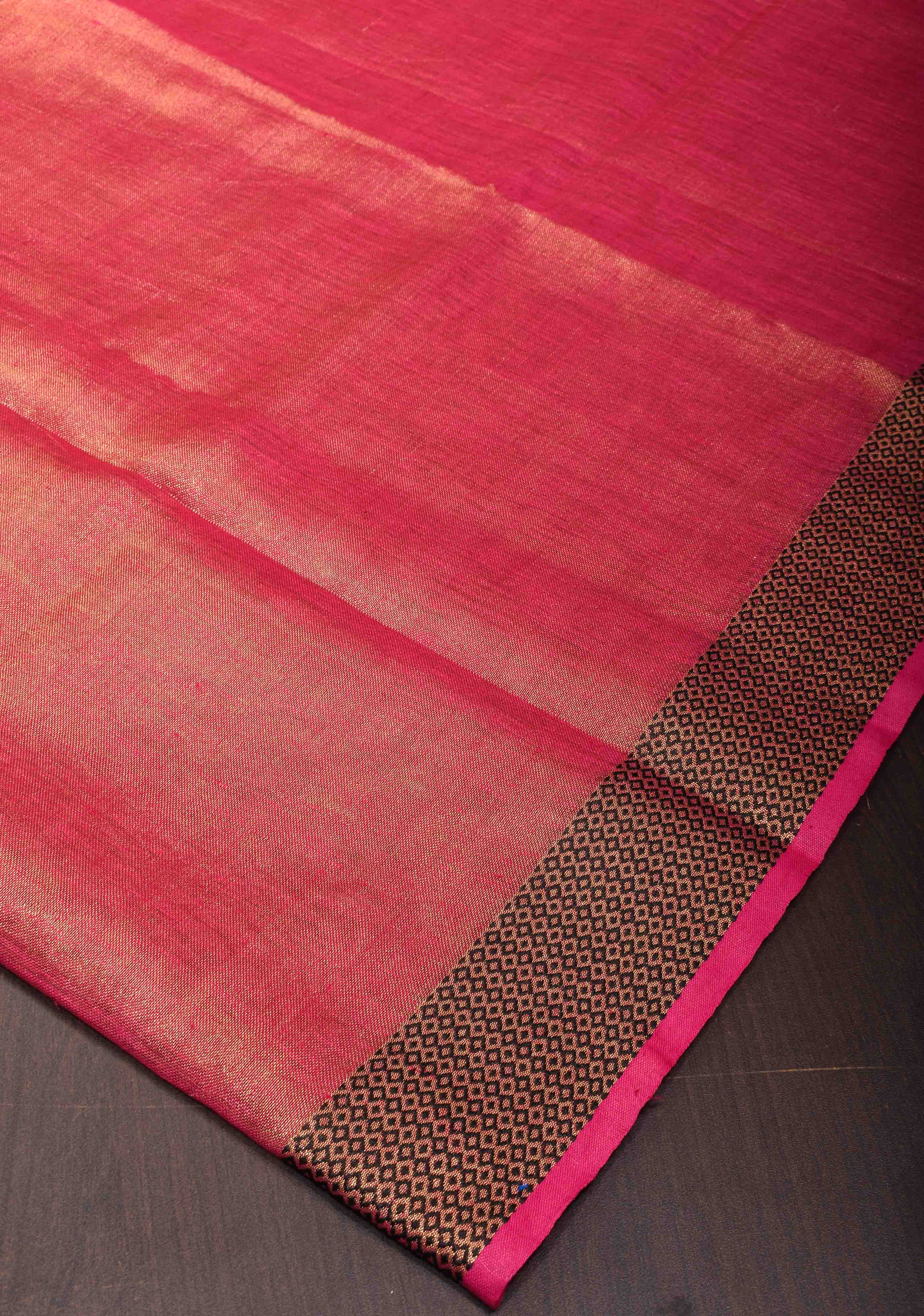 Tissue Linen Saree with contrast Zari Border and Pallu in Raspberry