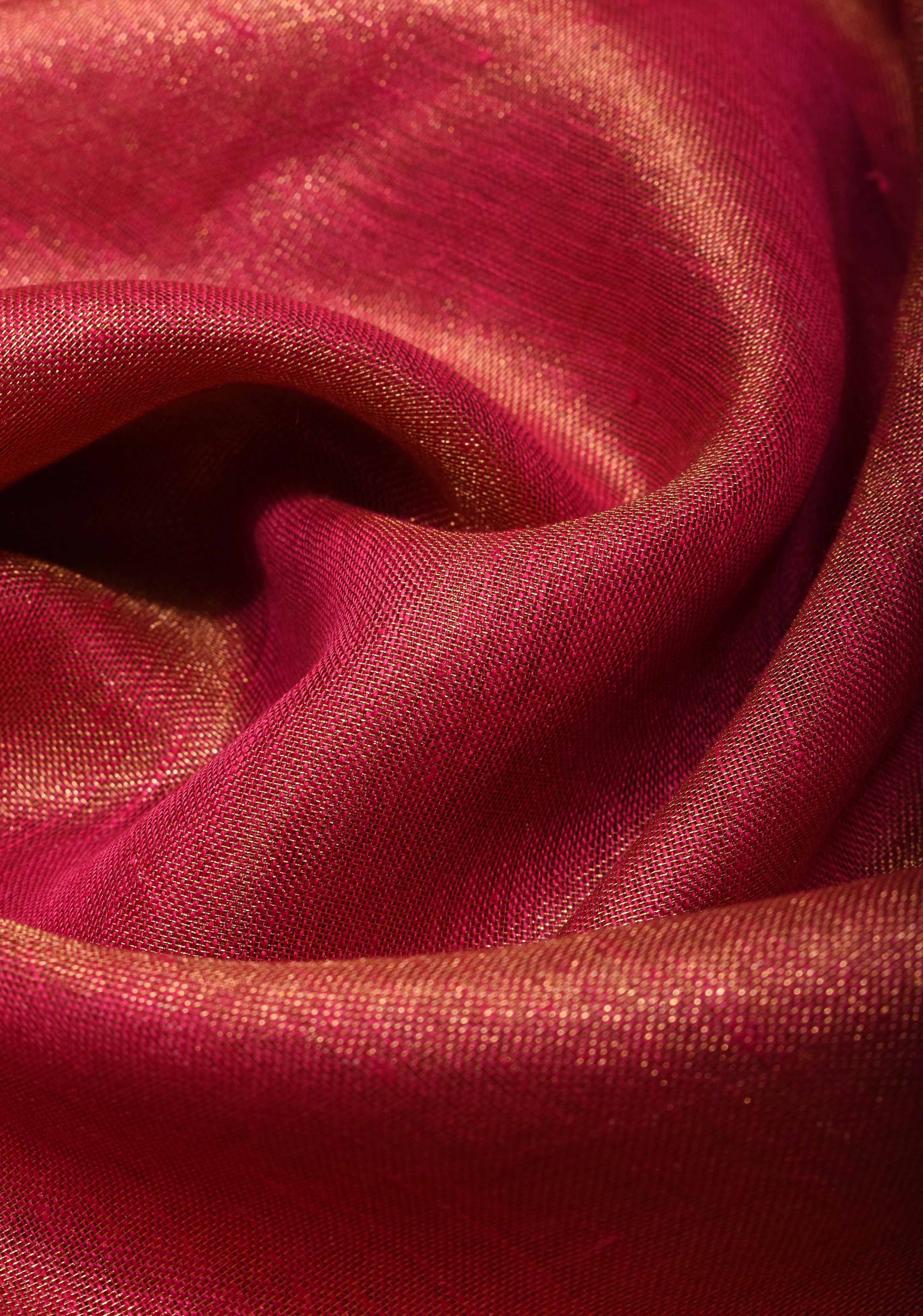 Tissue Linen Saree with contrast Zari Border and Pallu in Raspberry