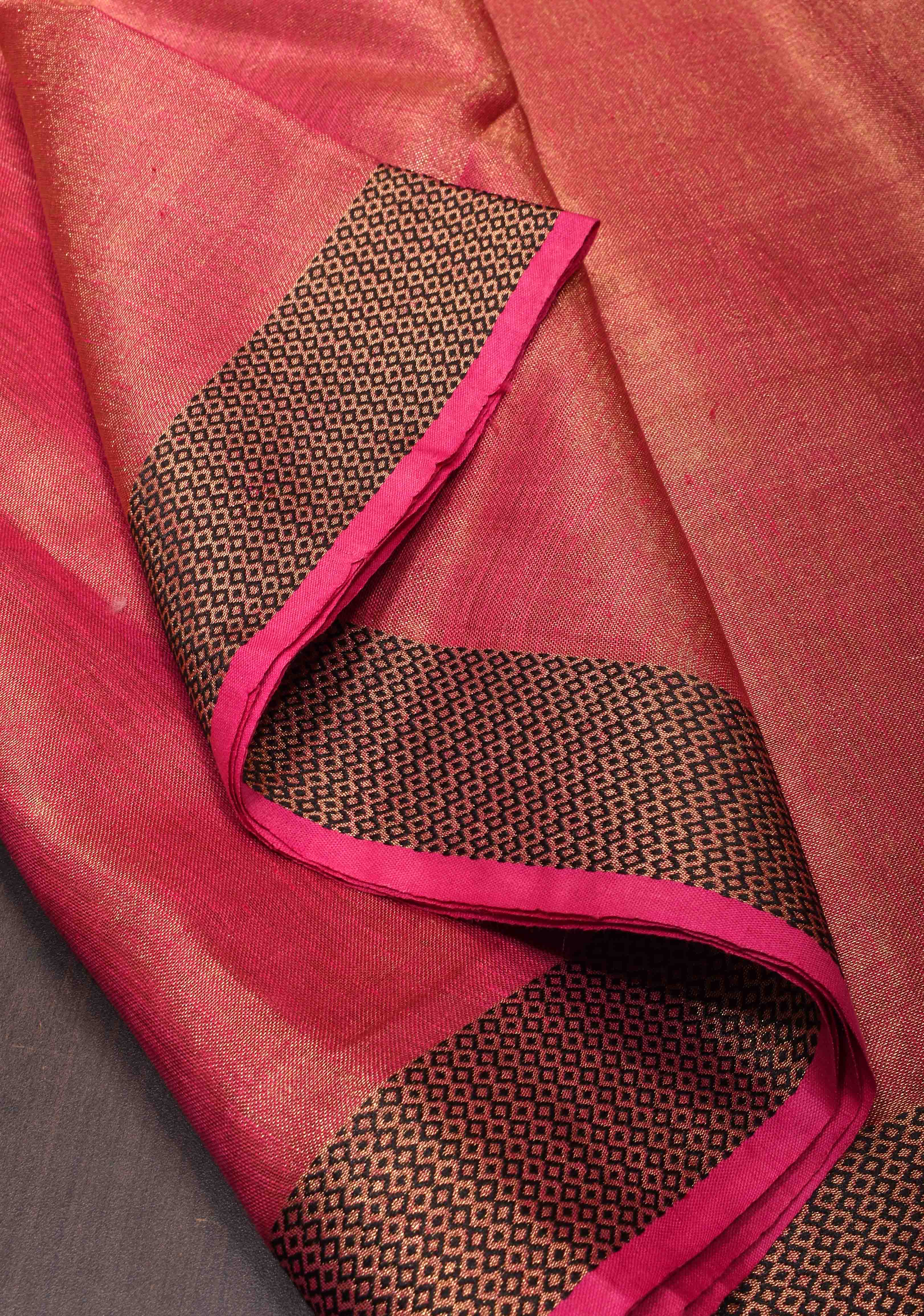 Tissue Linen Saree with contrast Zari Border and Pallu in Raspberry