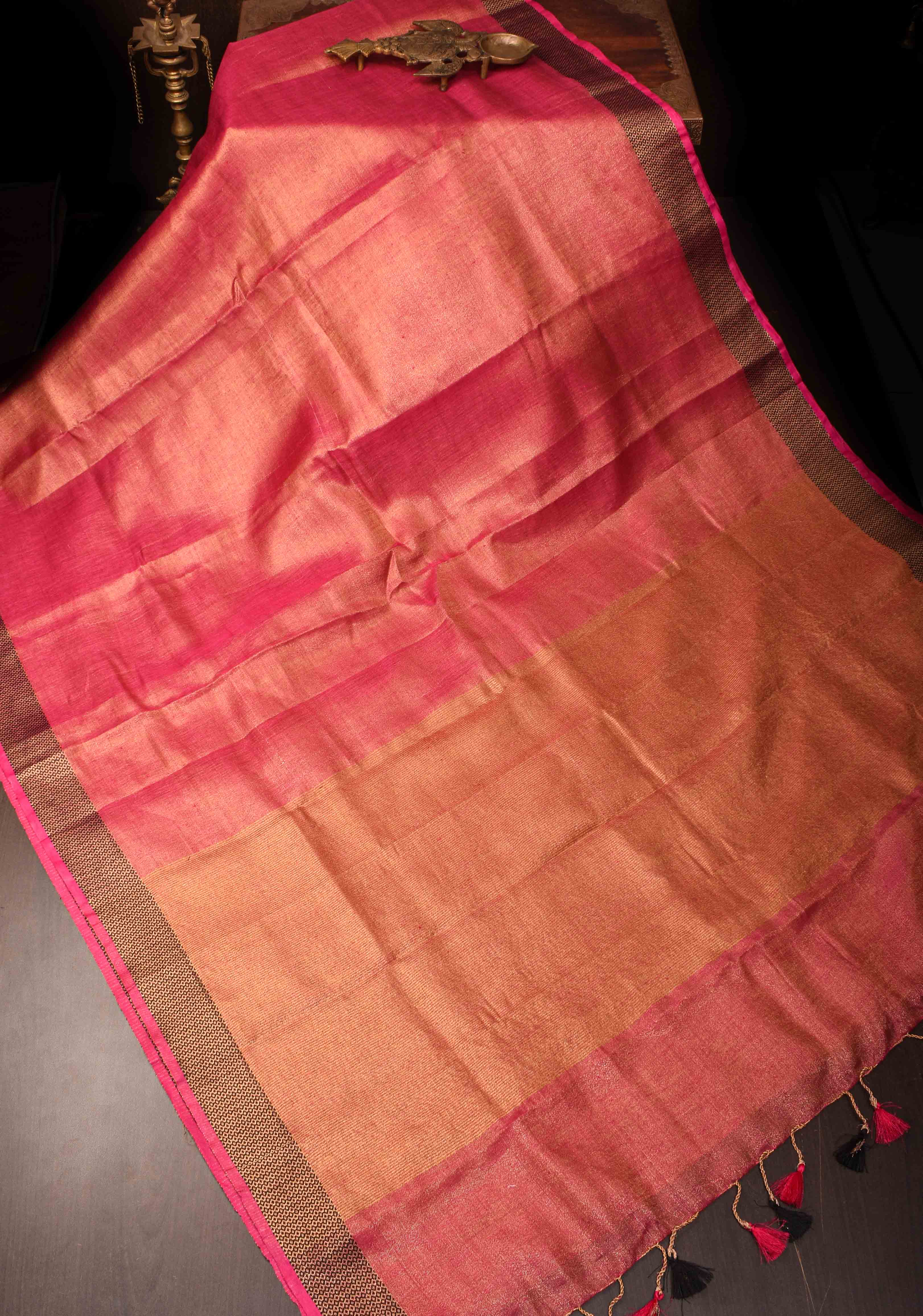 Tissue Linen Saree with contrast Zari Border and Pallu in Raspberry