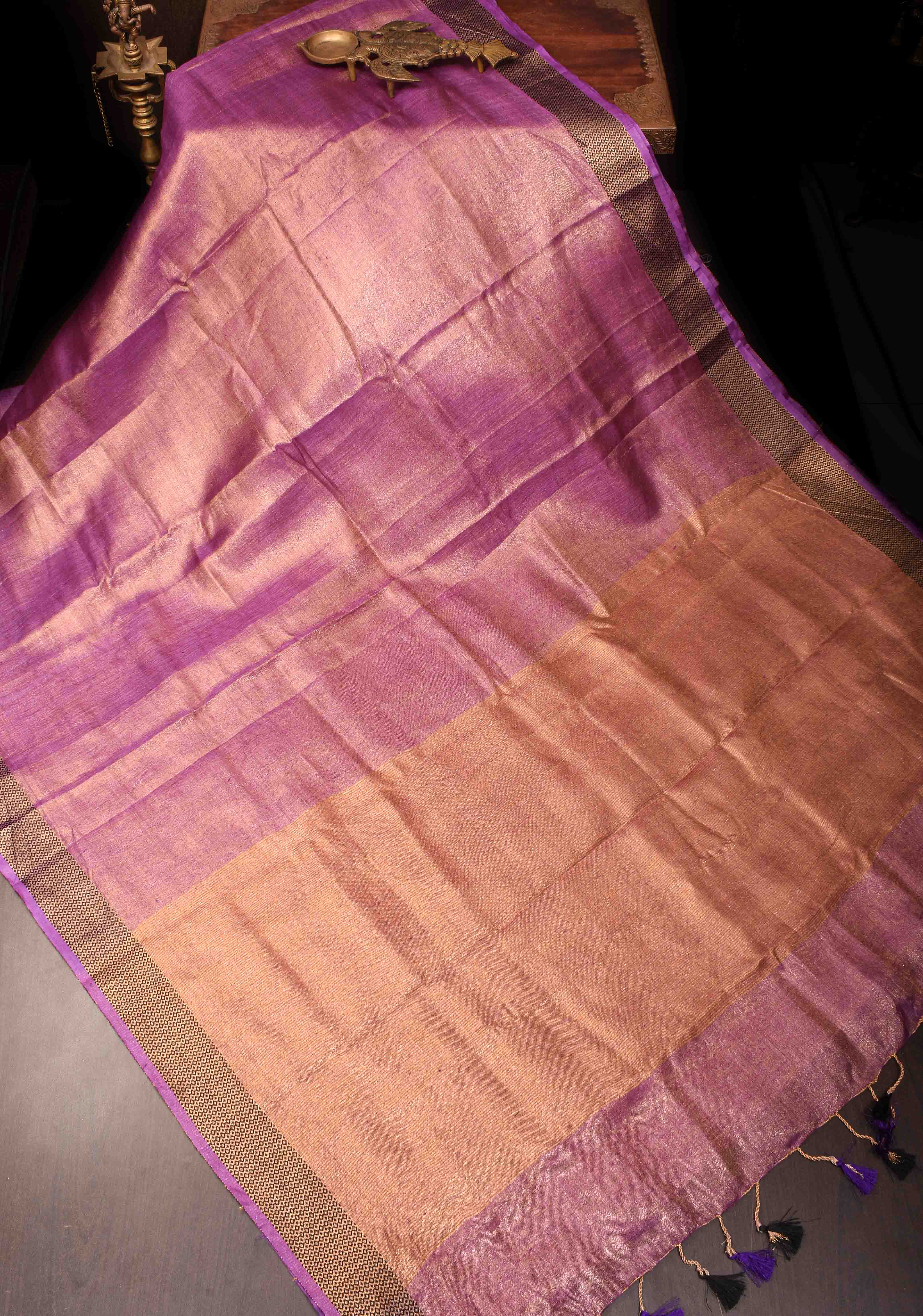 Tulip Pink Tissue Linen Saree with Contrast Zari Border