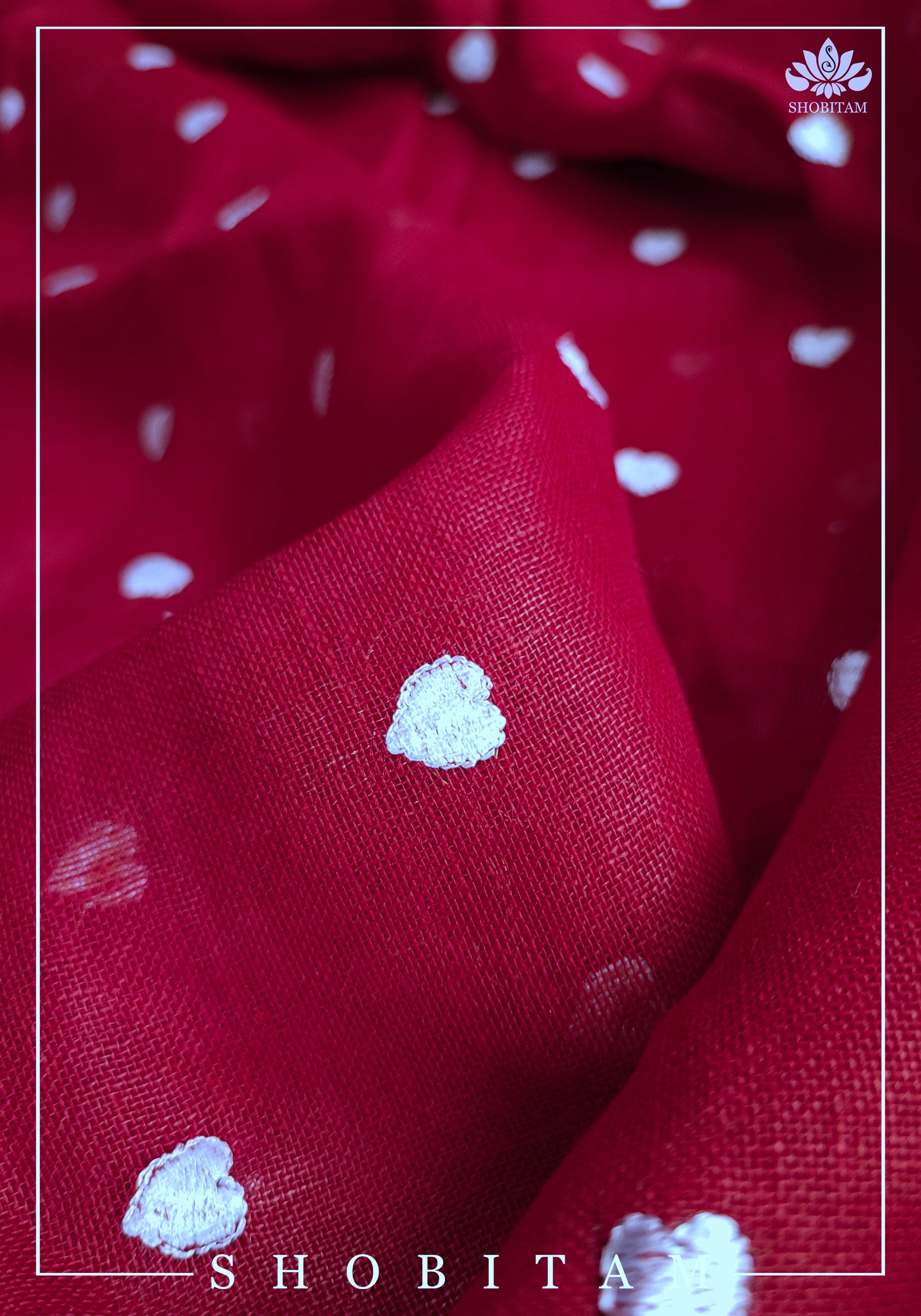 Loving Hearts Embroidered Cherry Plum Pure Tone Linen Saree