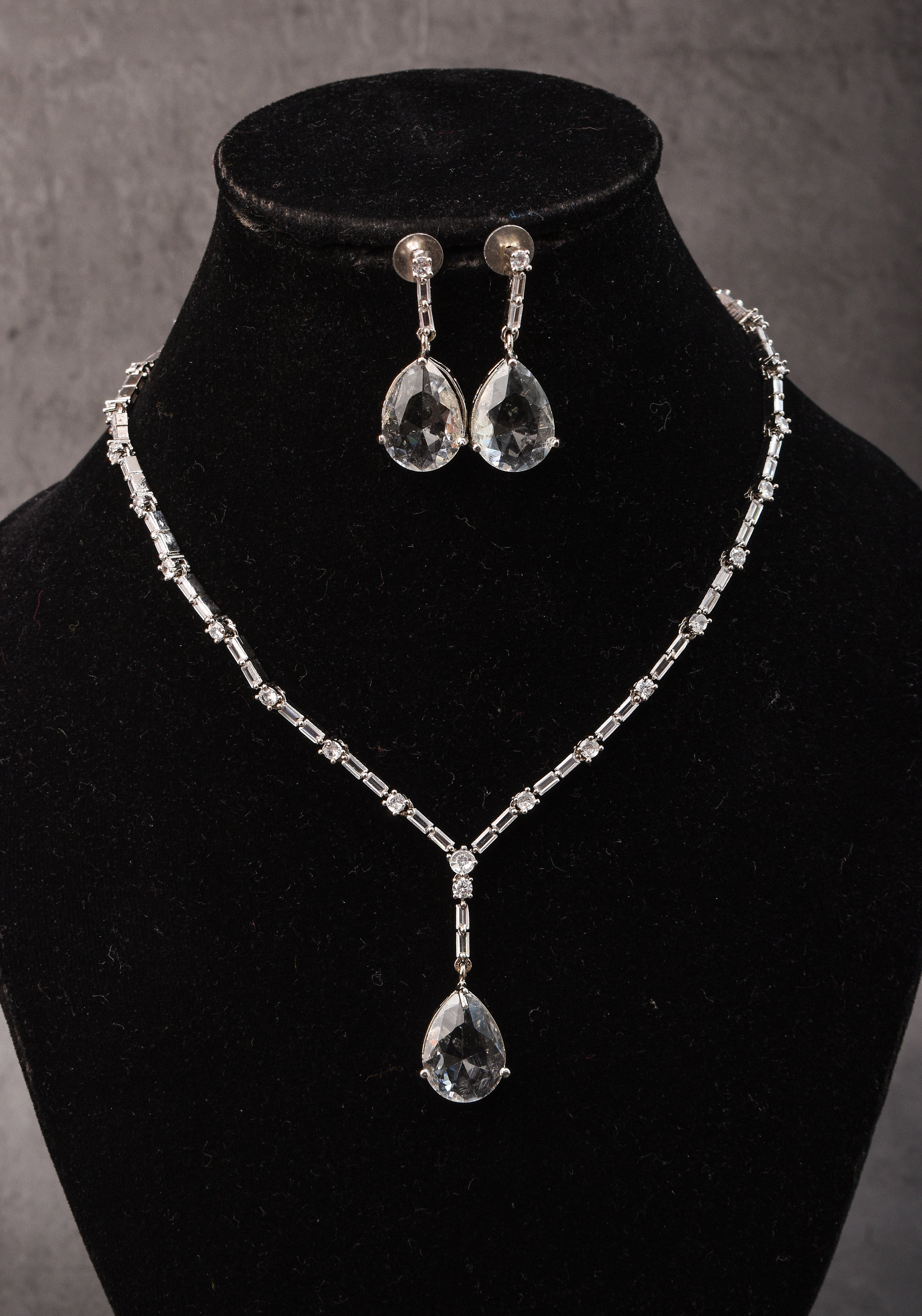 Celebrity-Inspired White CZ Stone Drop Necklace and Earring | Shobitam Jewelry