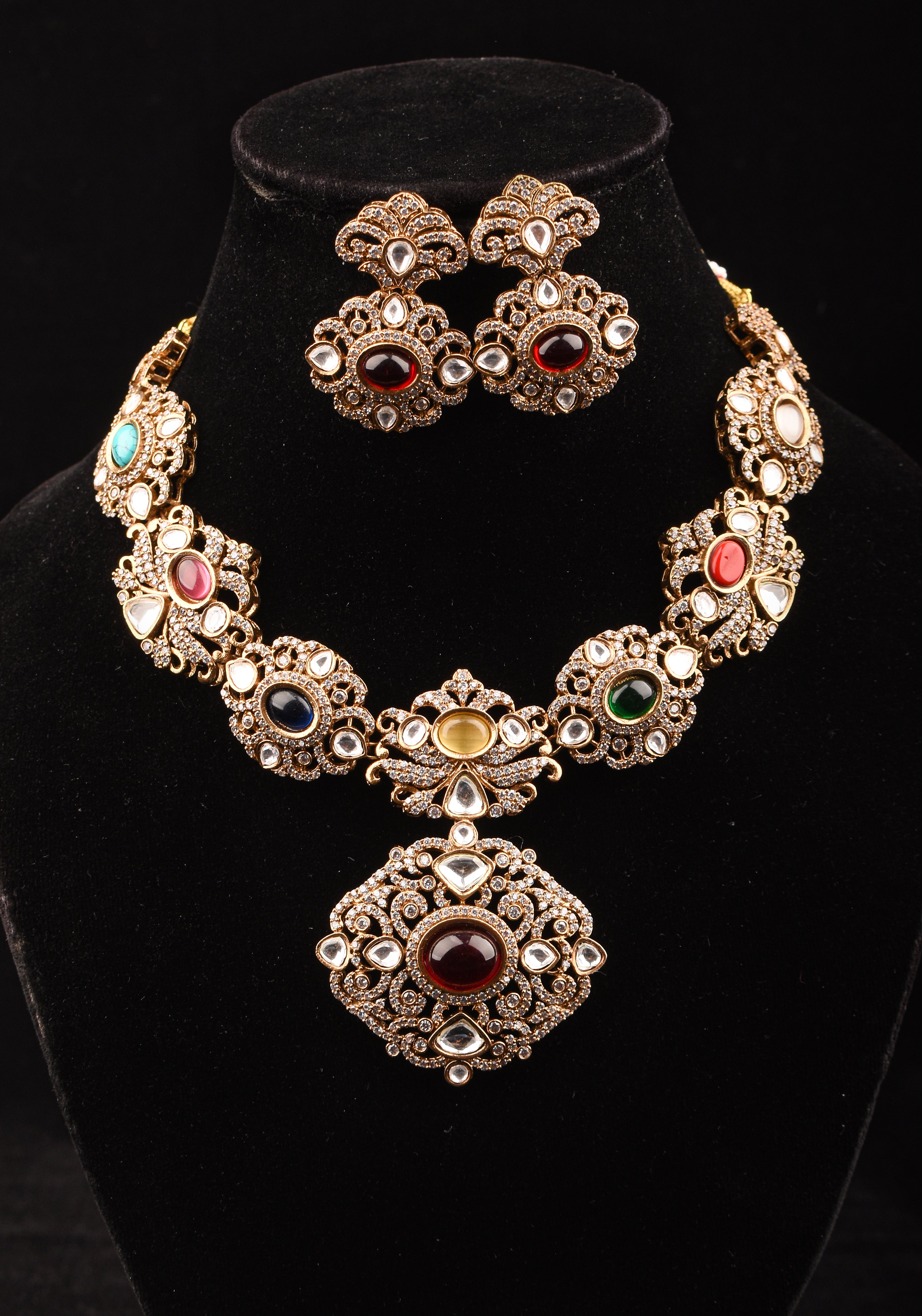 Classic Victorian Design Stone Studded Necklace Set with Navaratna Stones