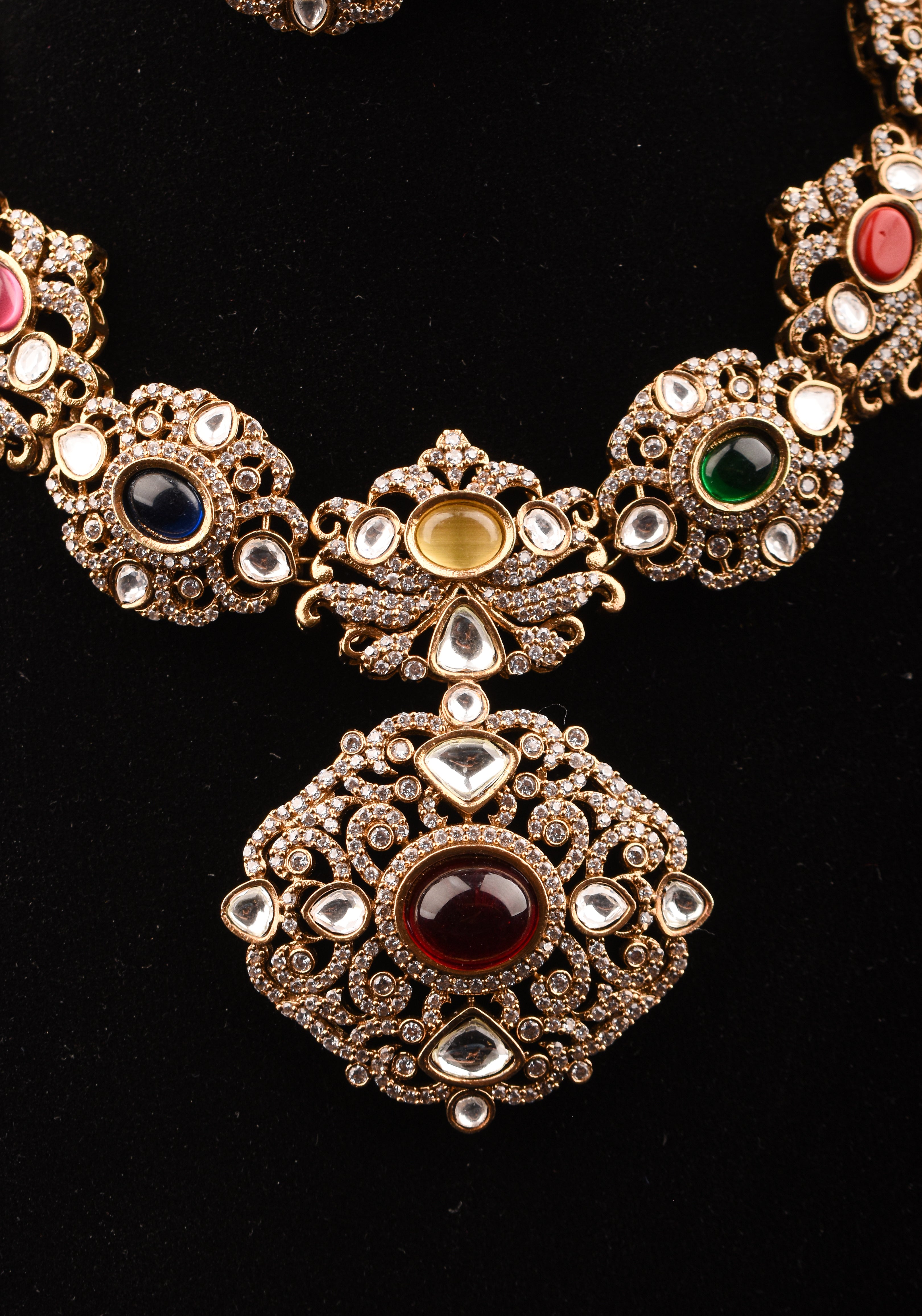 Classic Victorian Design Stone Studded Necklace Set with Navaratna Stones