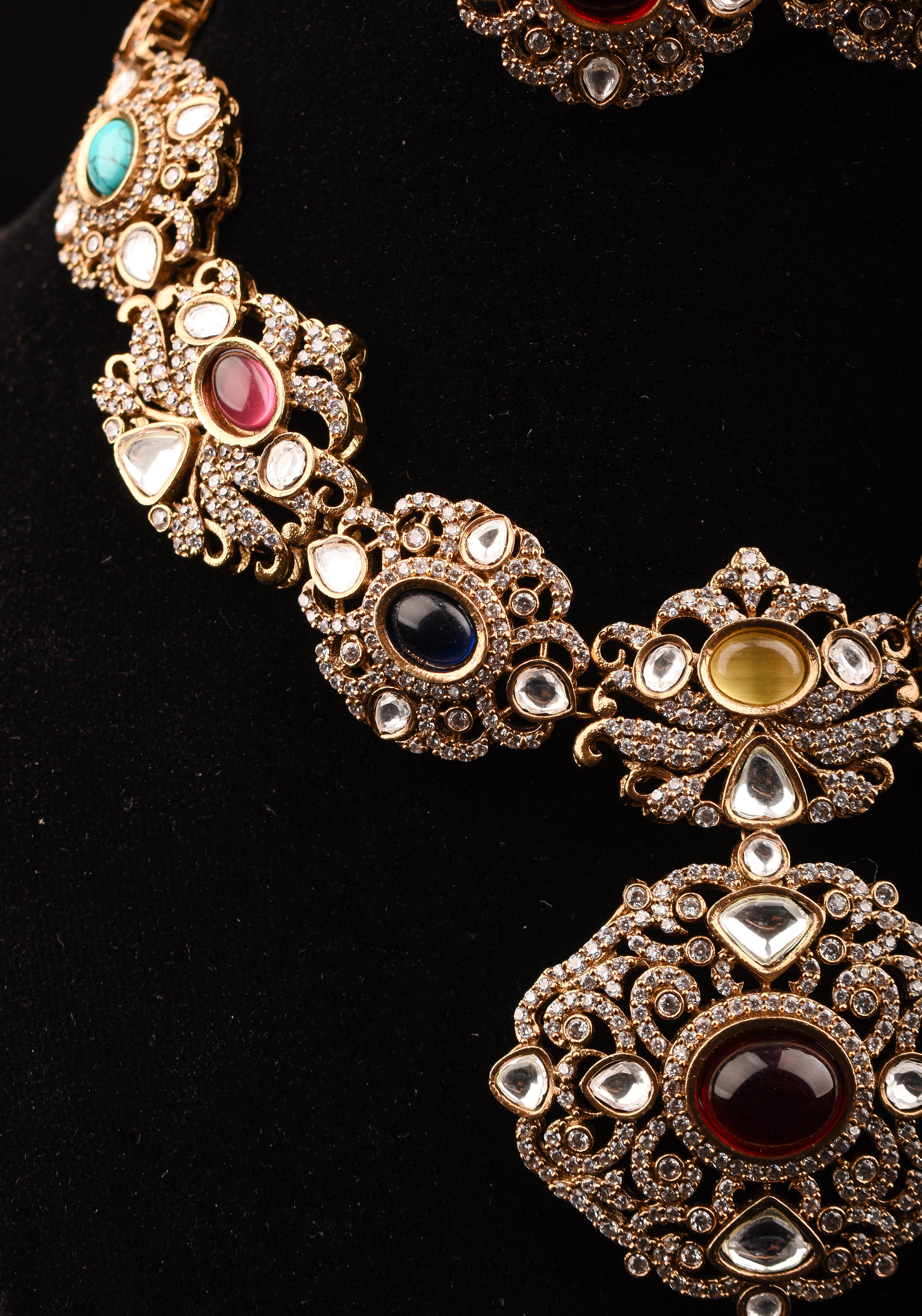 Classic Victorian Design Stone Studded Necklace Set with Navaratna Stones