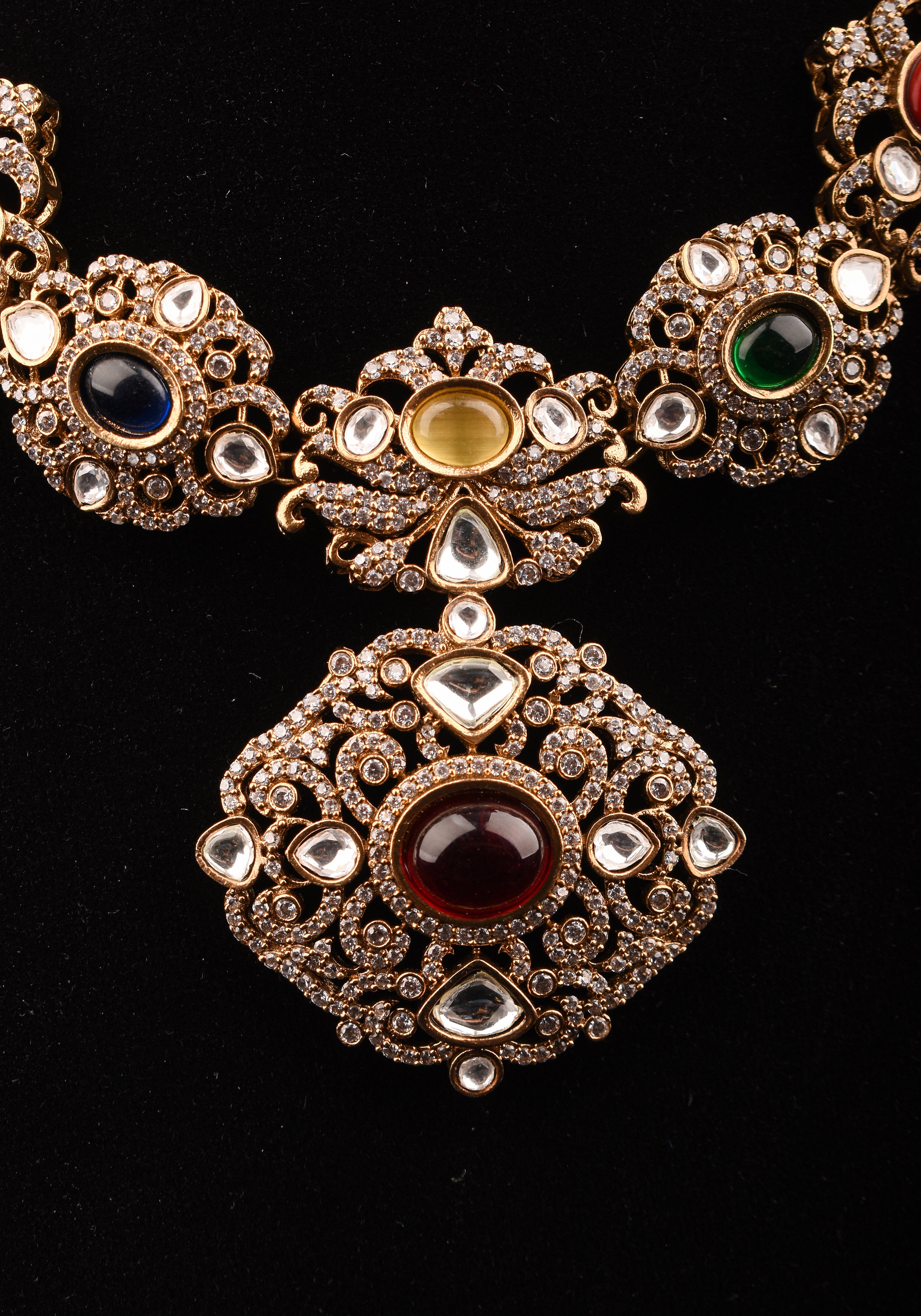 Classic Victorian Design Stone Studded Necklace Set with Navaratna Stones