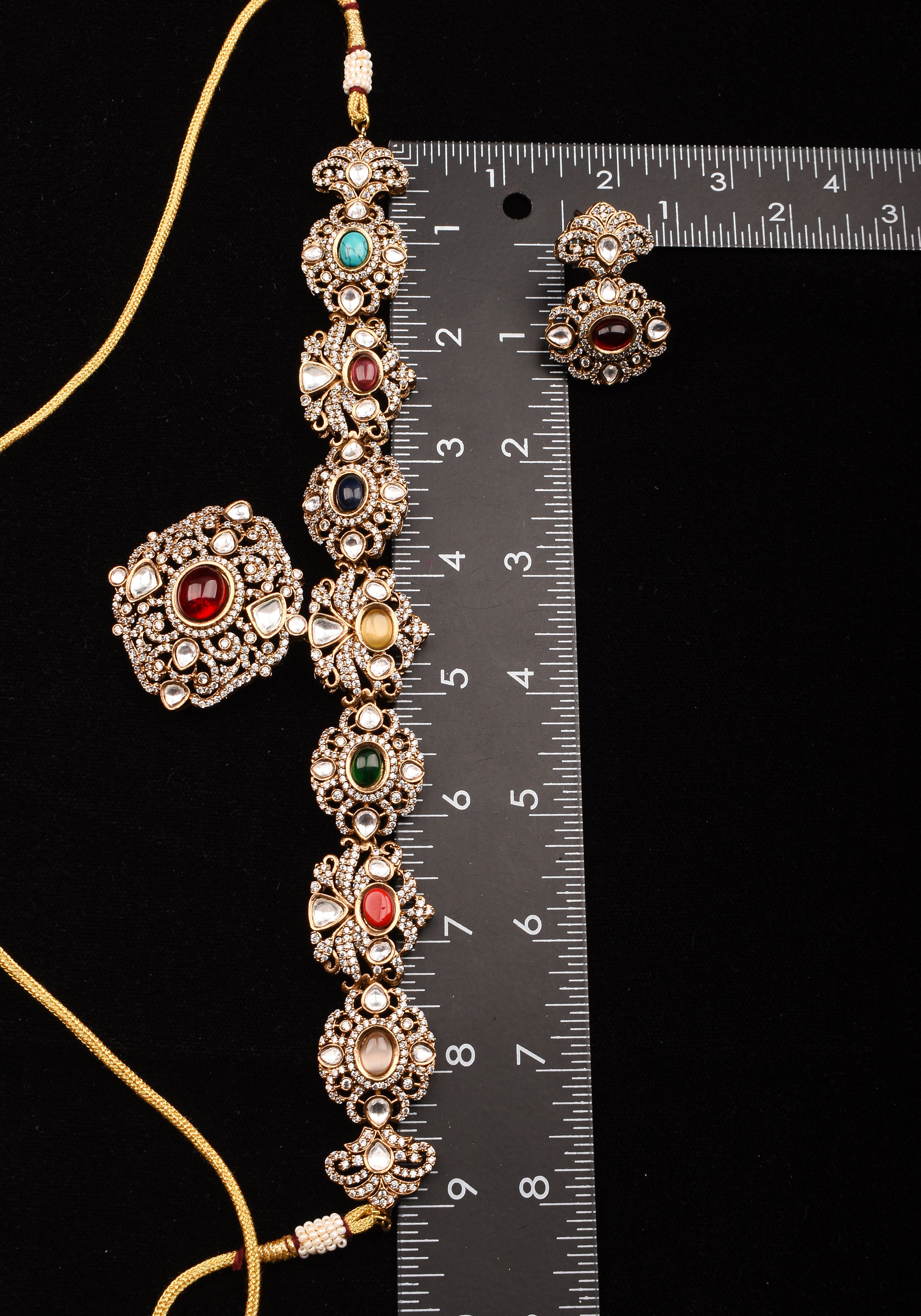 Classic Victorian Design Stone Studded Necklace Set with Navaratna Stones