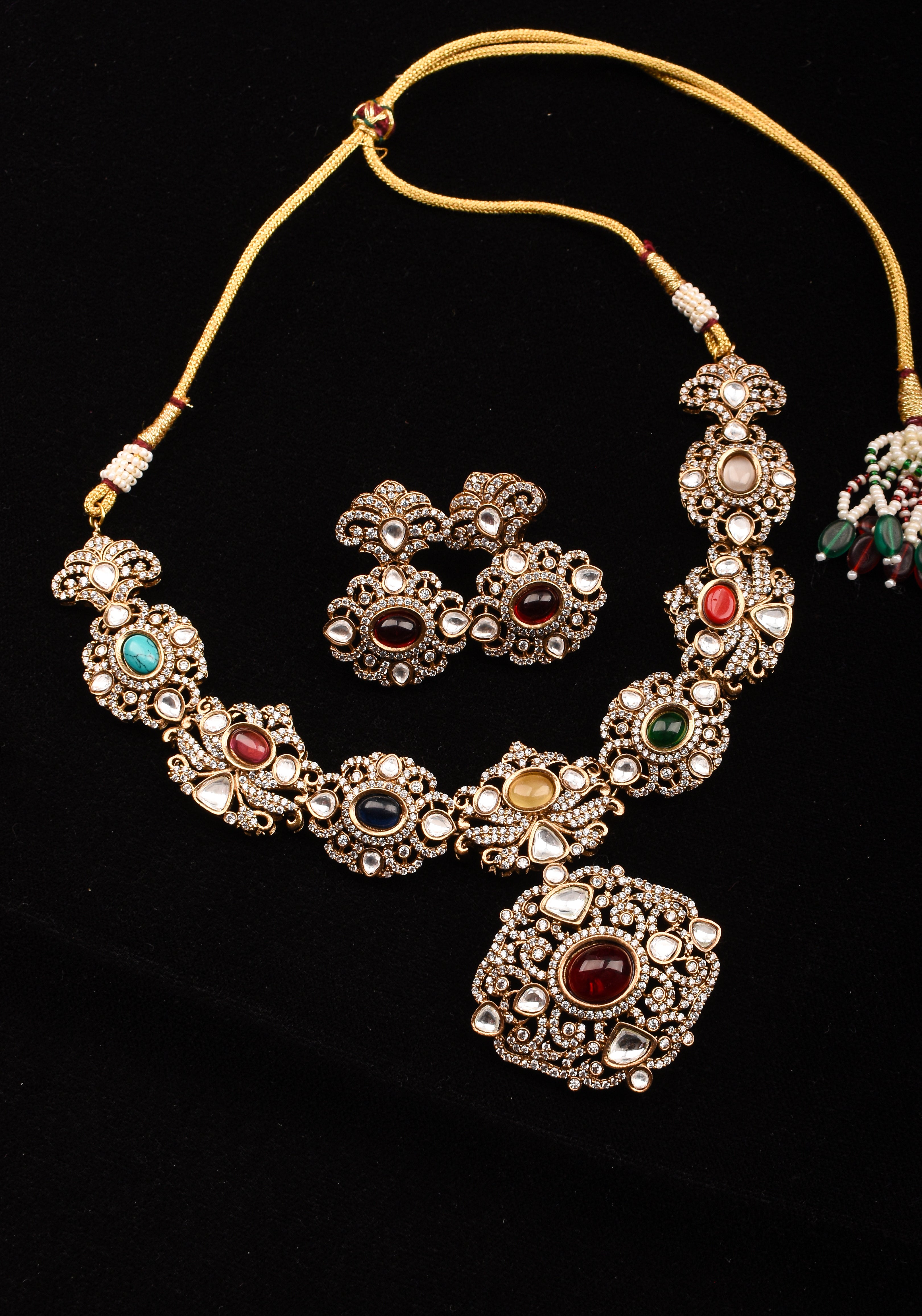 Classic Victorian Design Stone Studded Necklace Set with Navaratna Stones