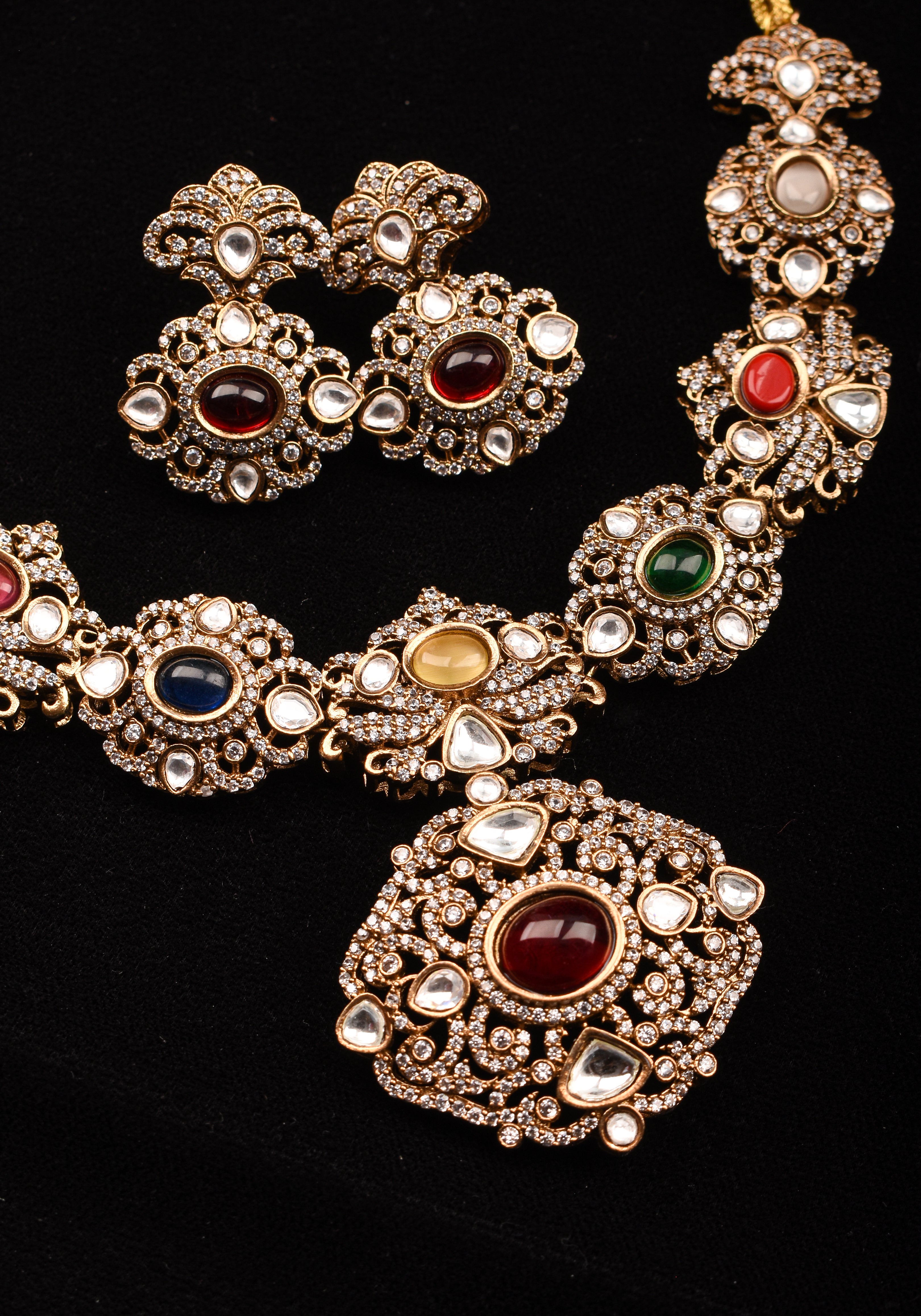 Classic Victorian Design Stone Studded Necklace Set with Navaratna Stones