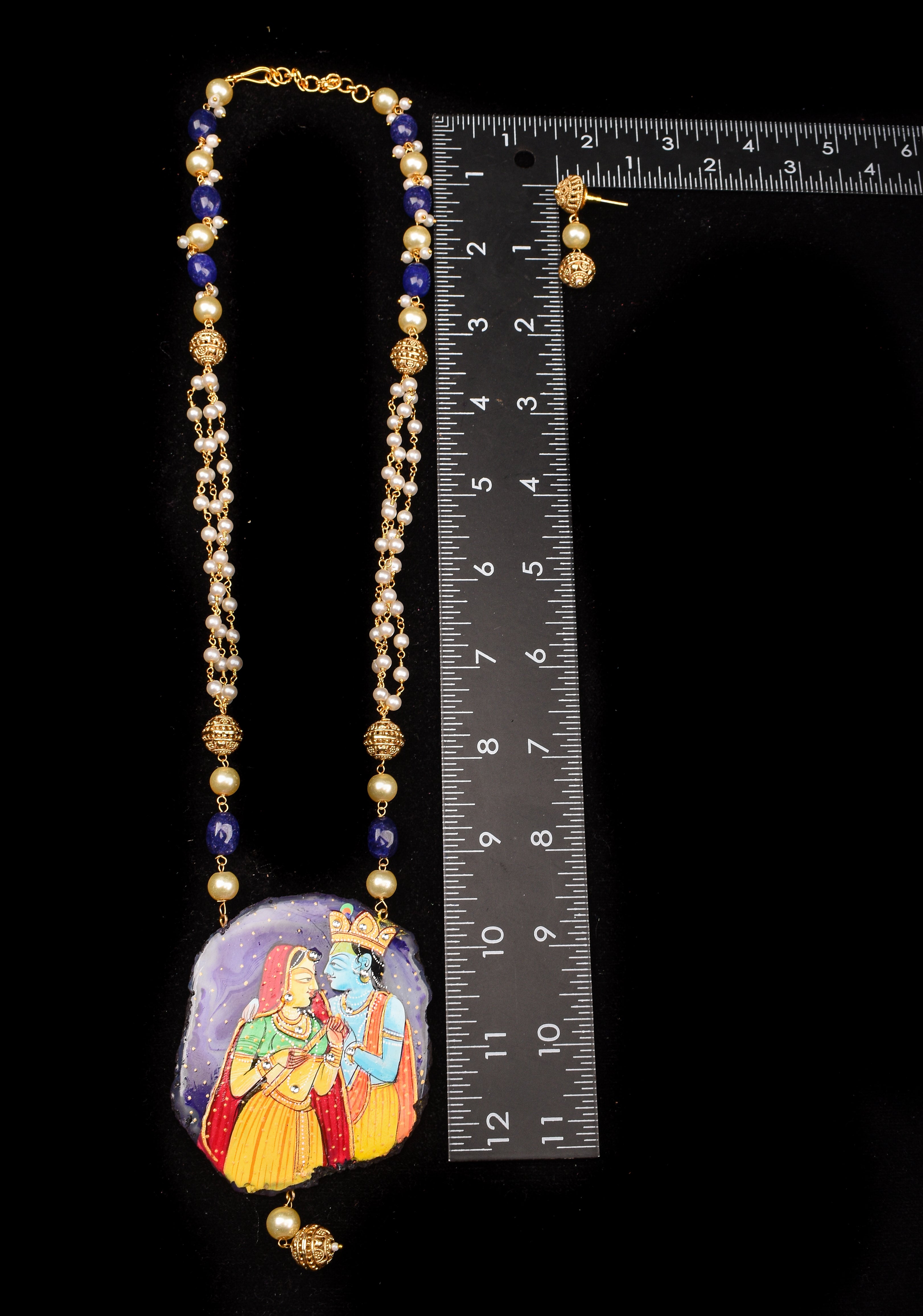 Radhe Krishna handpainted on Agate Stone Necklace Set | Shobitam Jewelry