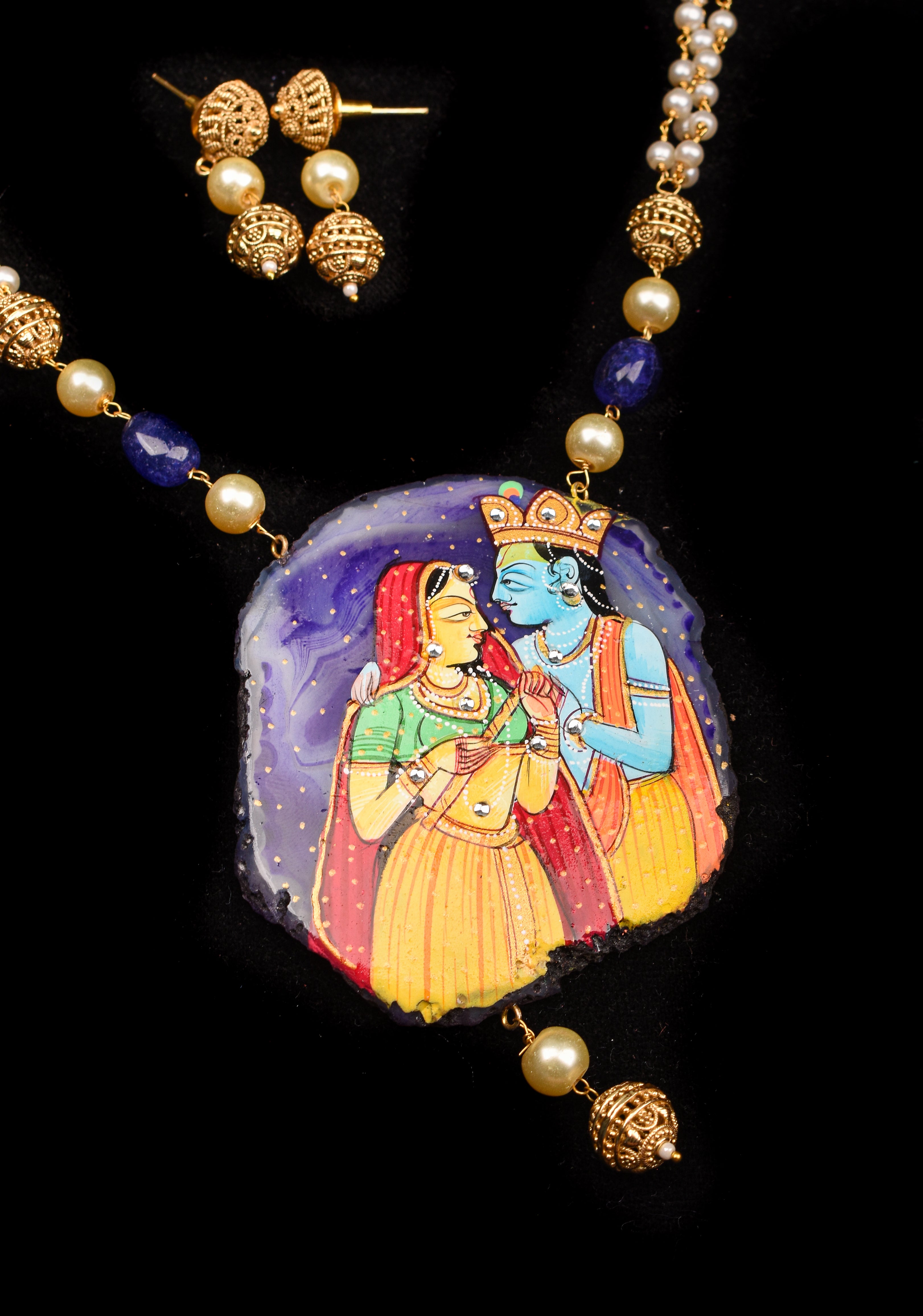 Radhe Krishna handpainted on Agate Stone Necklace Set | Shobitam Jewelry