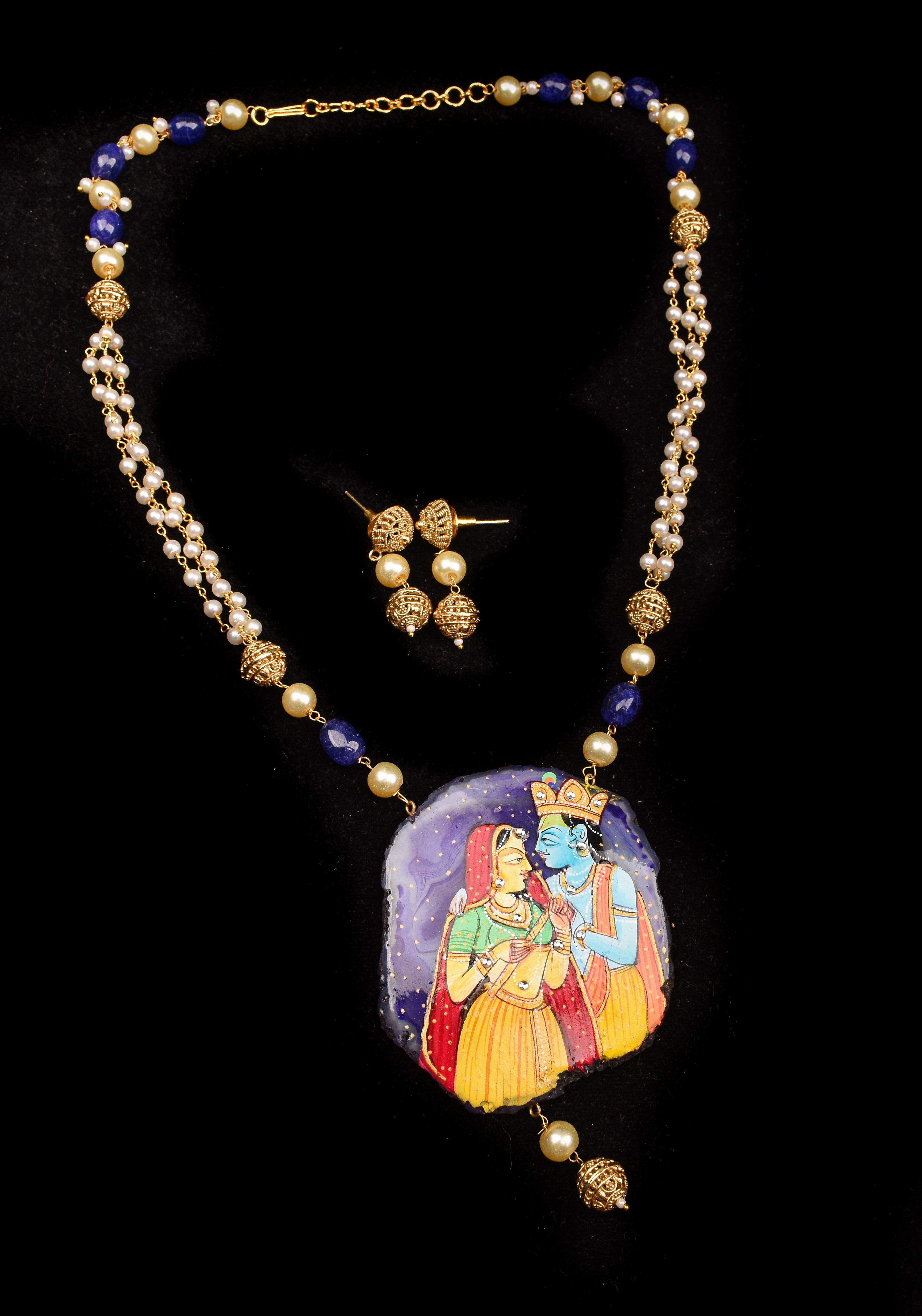 Radhe Krishna handpainted on Agate Stone Necklace Set | Shobitam Jewelry