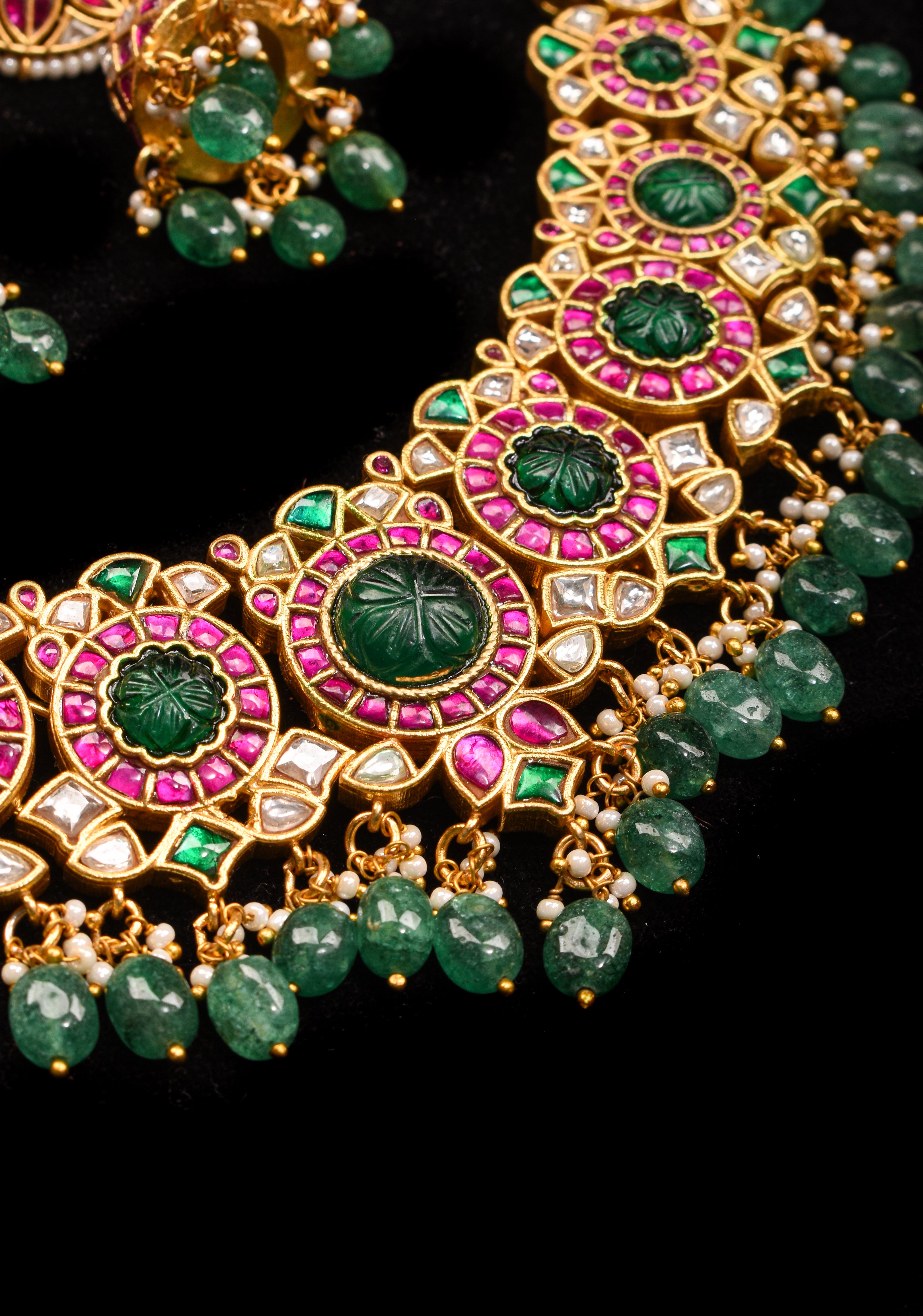 Green Craving Stone Jadau Kundan Pearls Choker Set with Dangling Green Beads and Jhumka Earrings