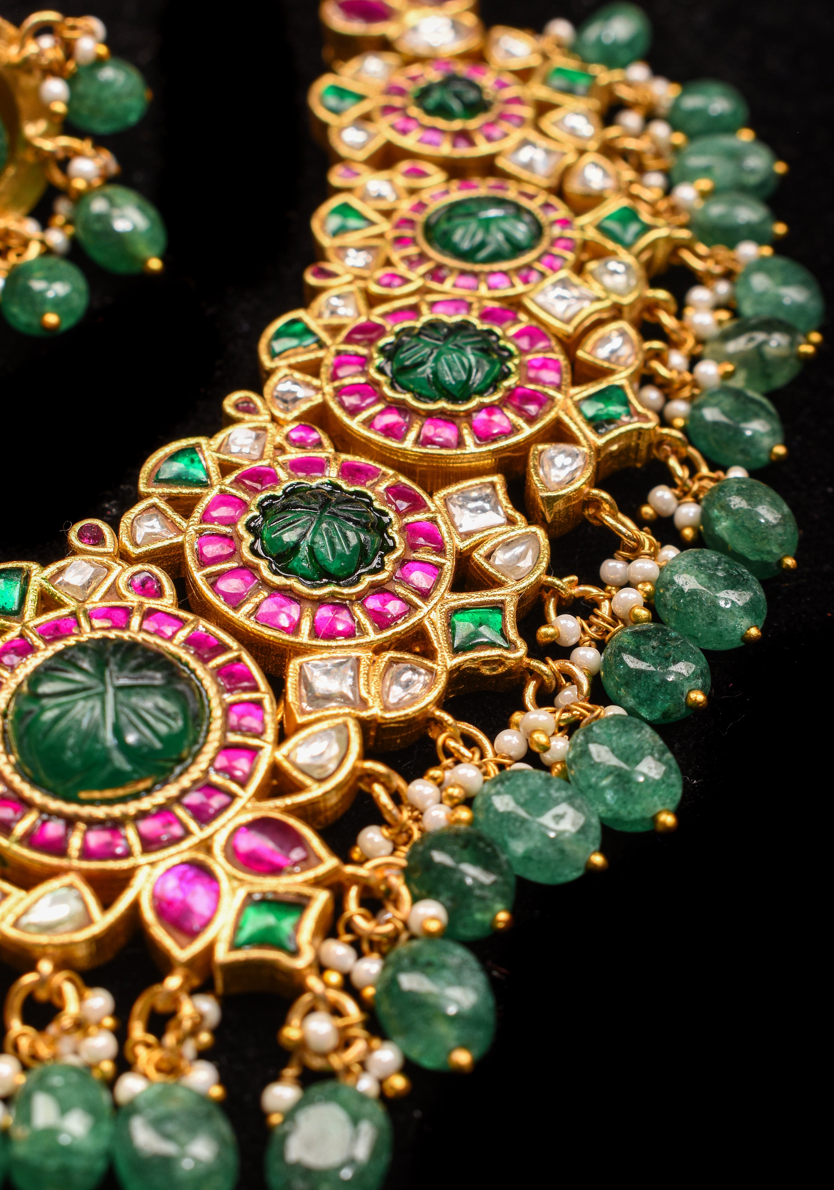 Green Craving Stone Jadau Kundan Pearls Choker Set with Dangling Green Beads and Jhumka Earrings