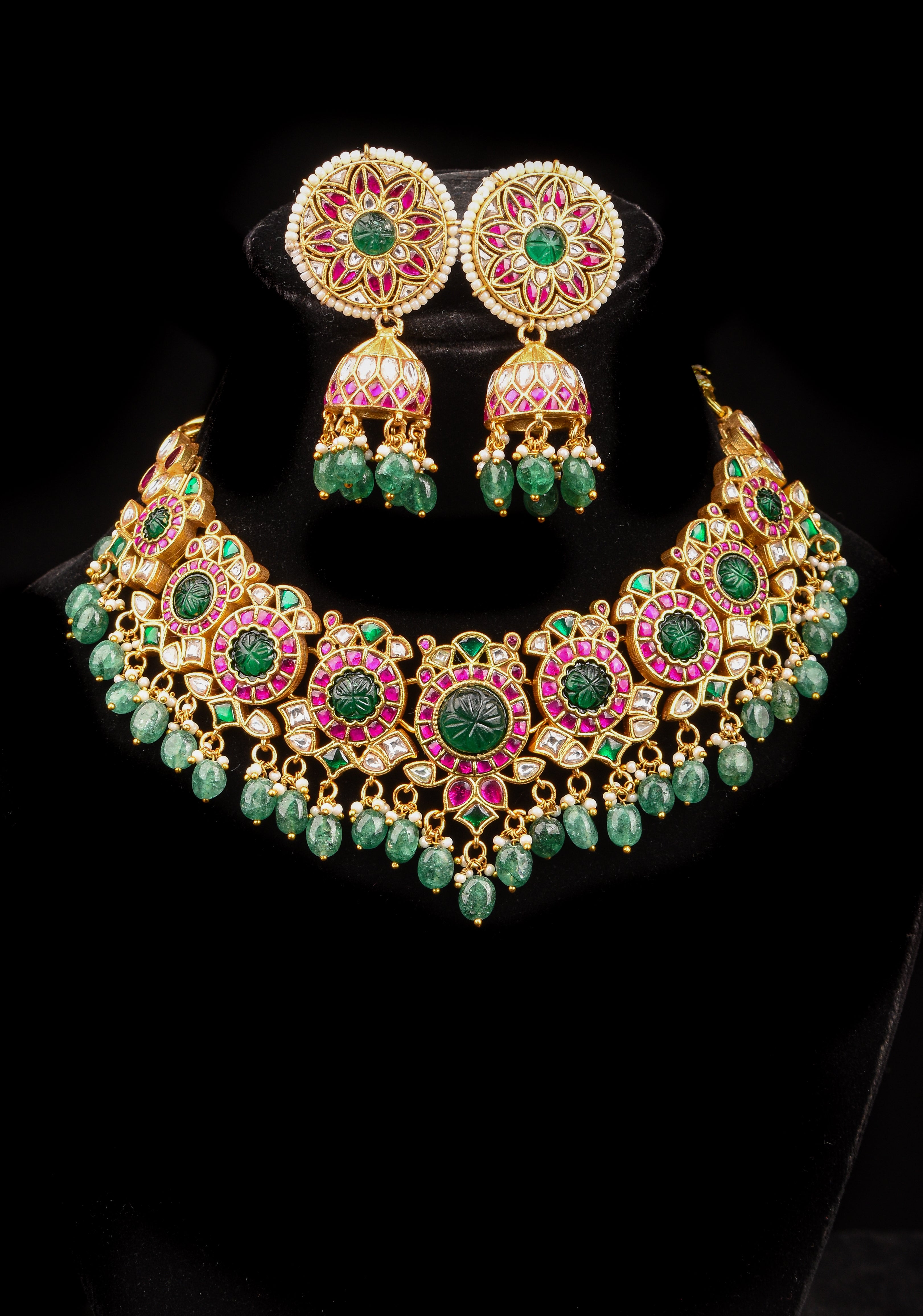 Green Craving Stone Jadau Kundan Pearls Choker Set with Dangling Green Beads and Jhumka Earrings