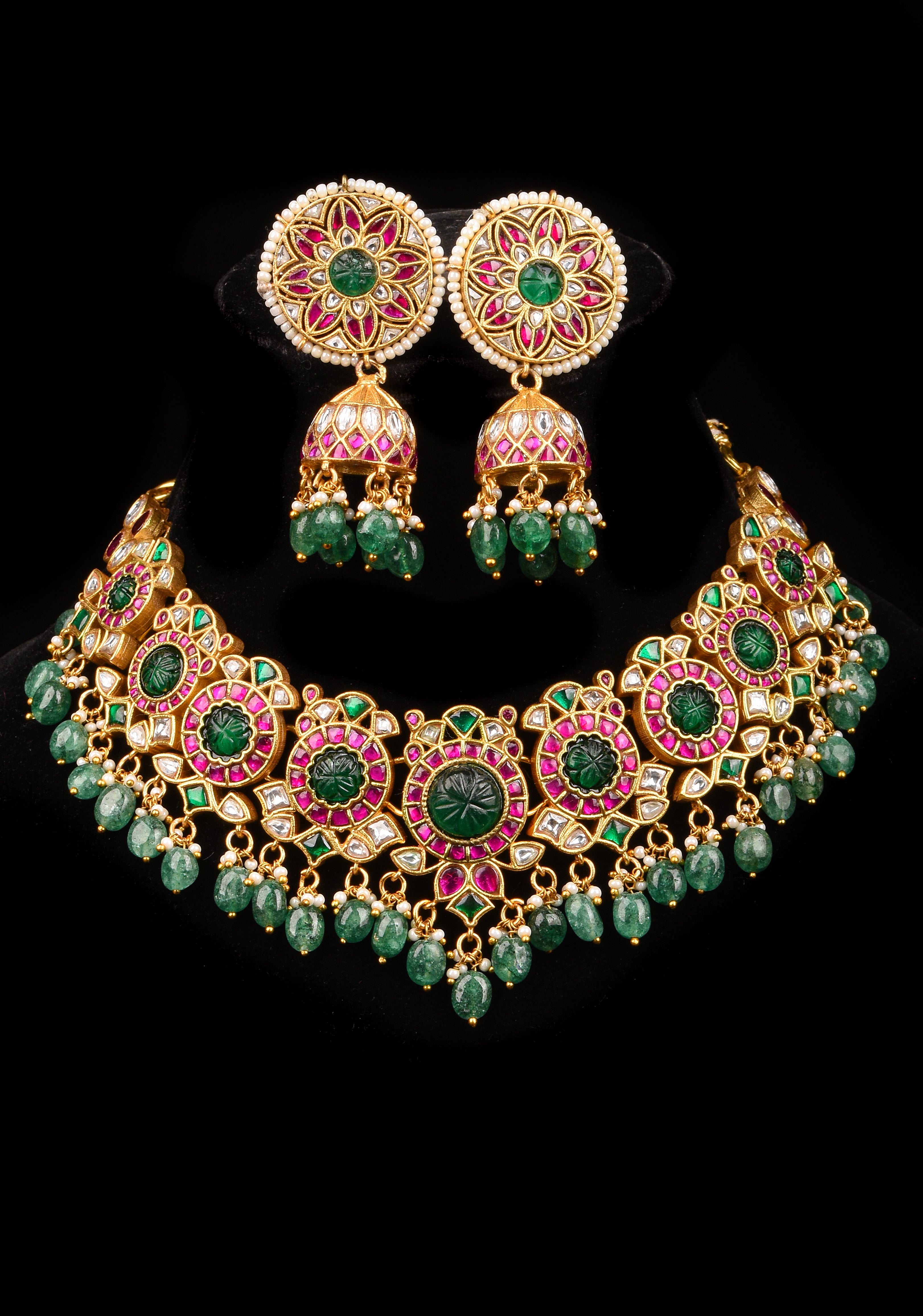 Green Craving Stone Jadau Kundan Pearls Choker Set with Dangling Green Beads and Jhumka Earrings