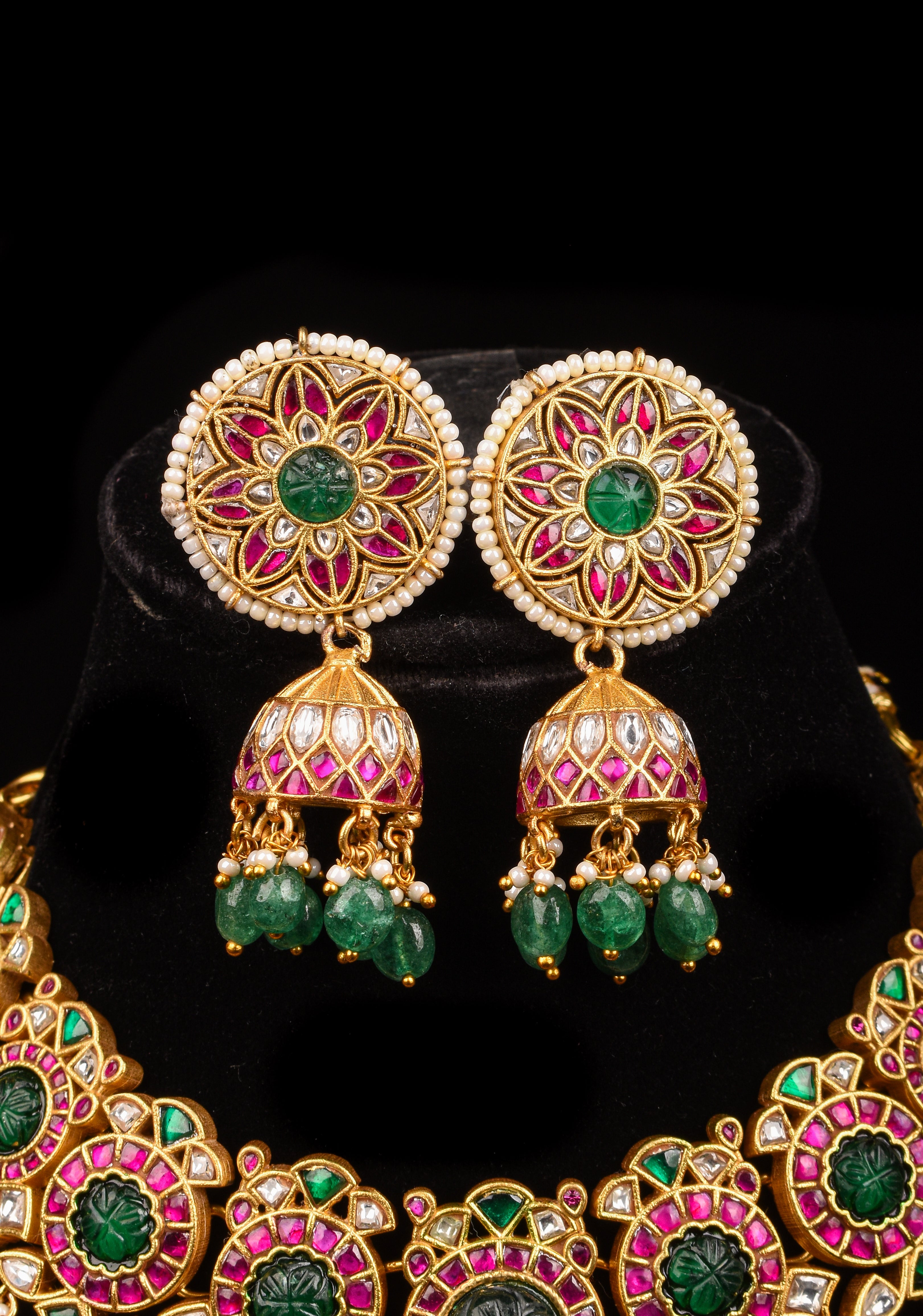 Green Craving Stone Jadau Kundan Pearls Choker Set with Dangling Green Beads and Jhumka Earrings