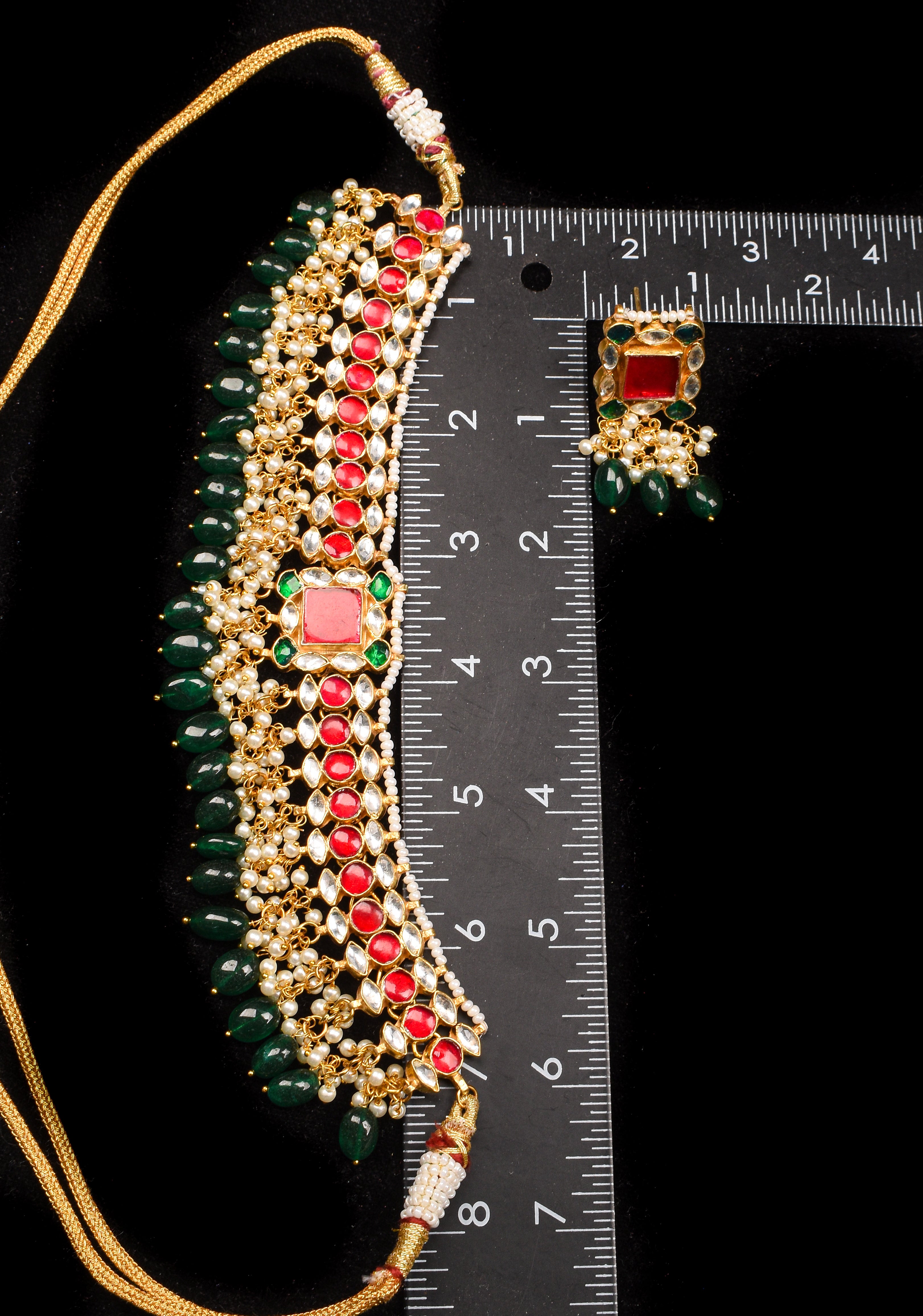 Ahmedabadi Antique Finish Jadau Handcrafted Choker set with dangling Green Beads and Pearls