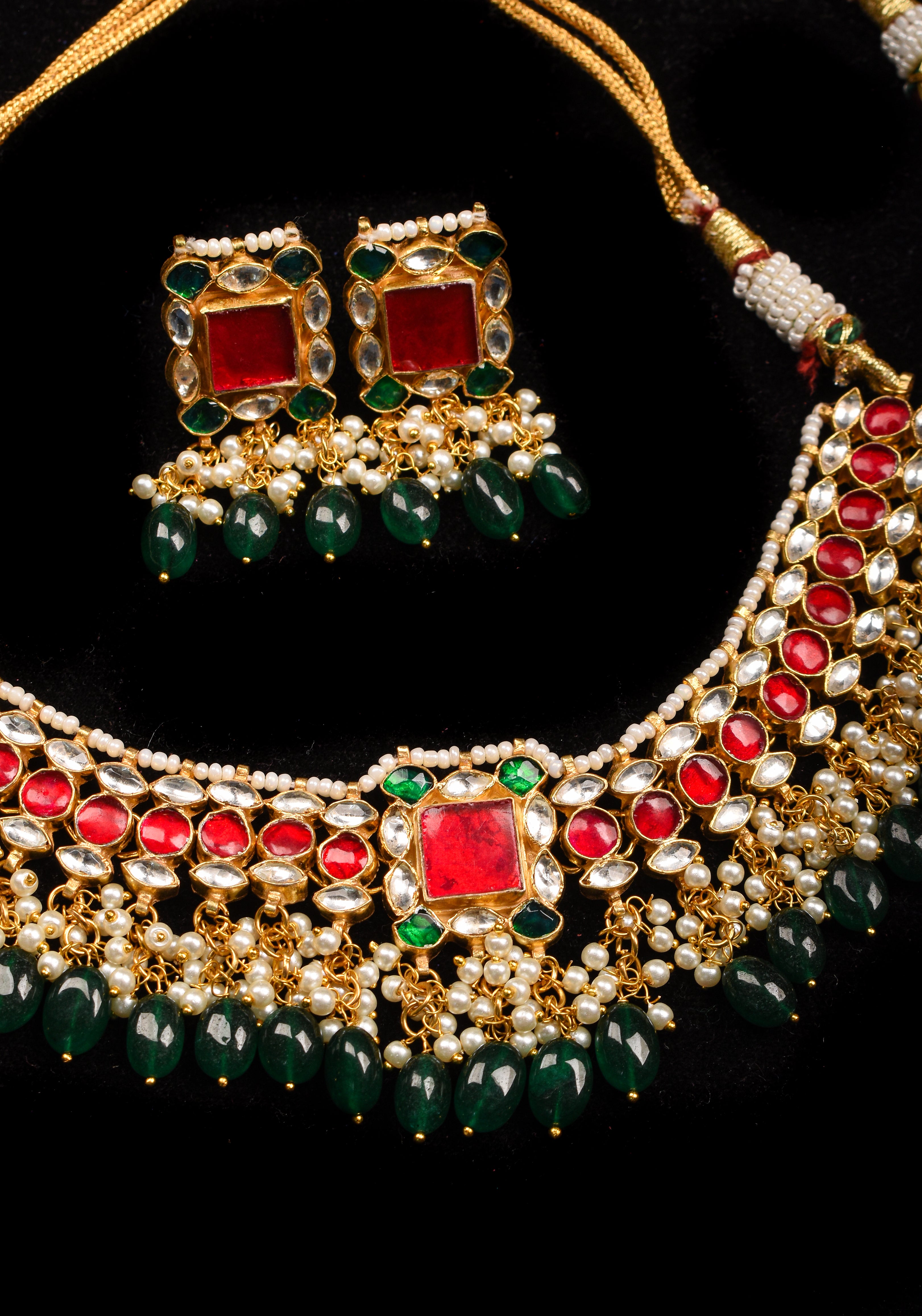 Ahmedabadi Antique Finish Jadau Handcrafted Choker set with dangling Green Beads and Pearls