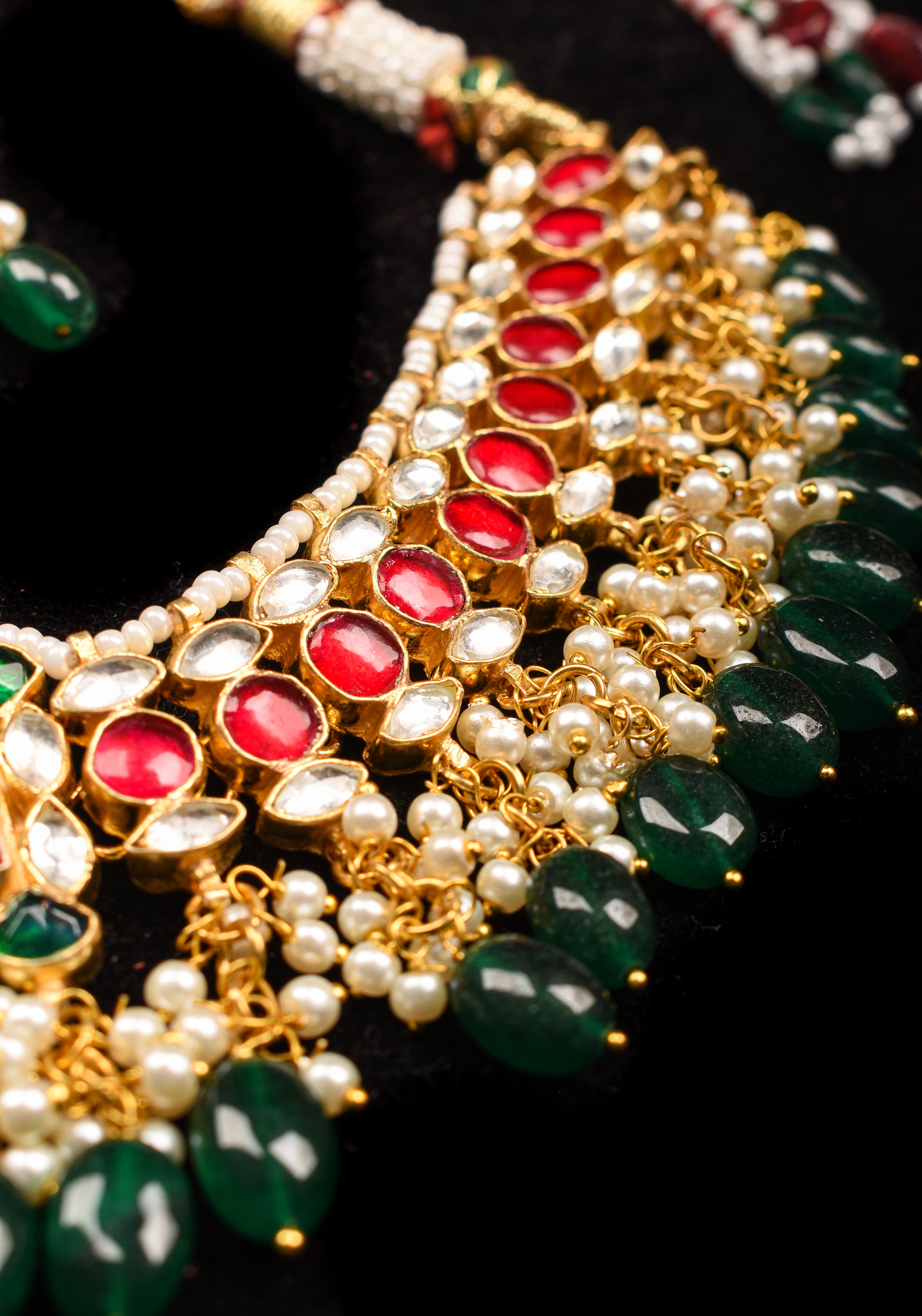 Ahmedabadi Antique Finish Jadau Handcrafted Choker set with dangling Green Beads and Pearls