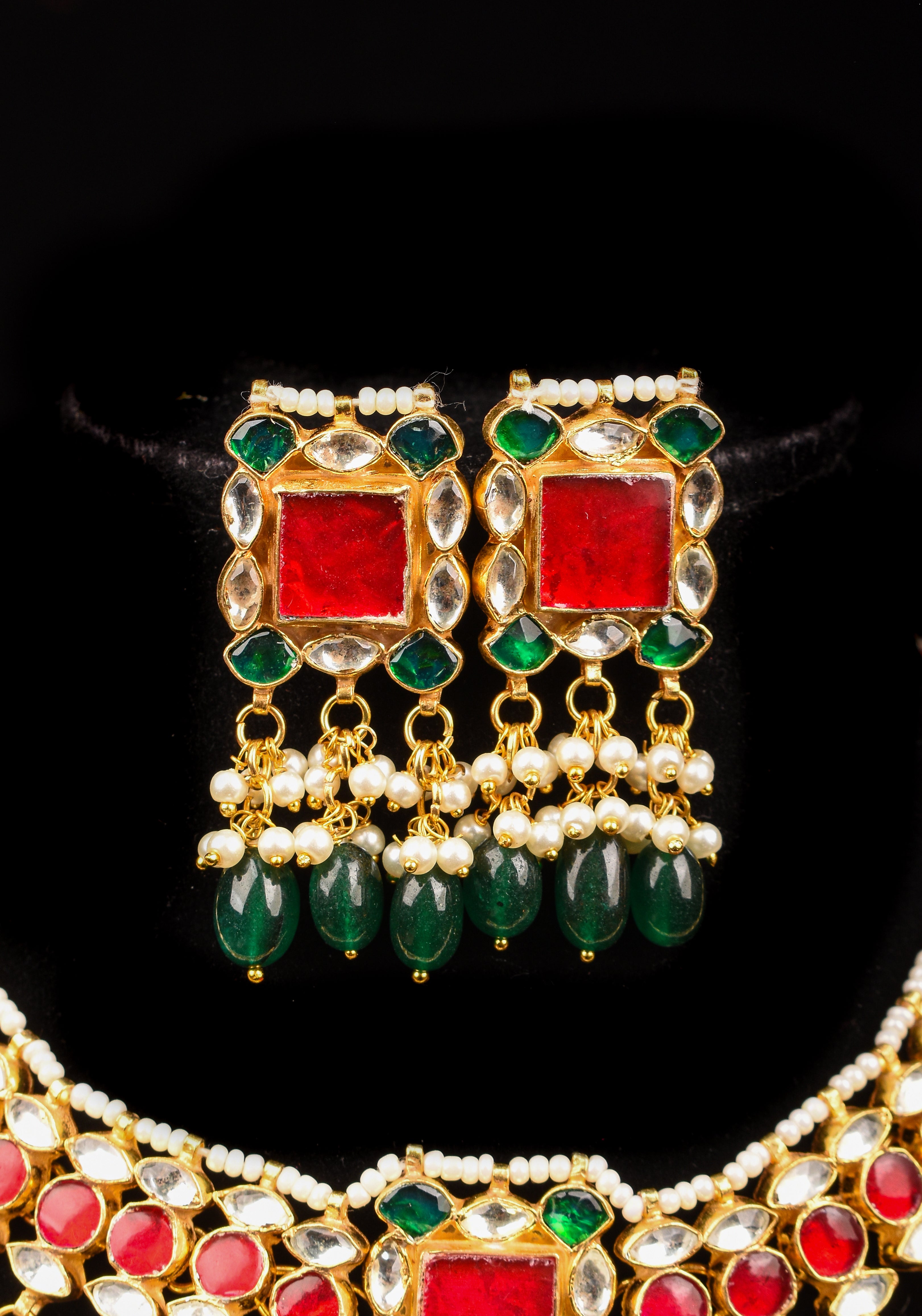 Ahmedabadi Antique Finish Jadau Handcrafted Choker set with dangling Green Beads and Pearls