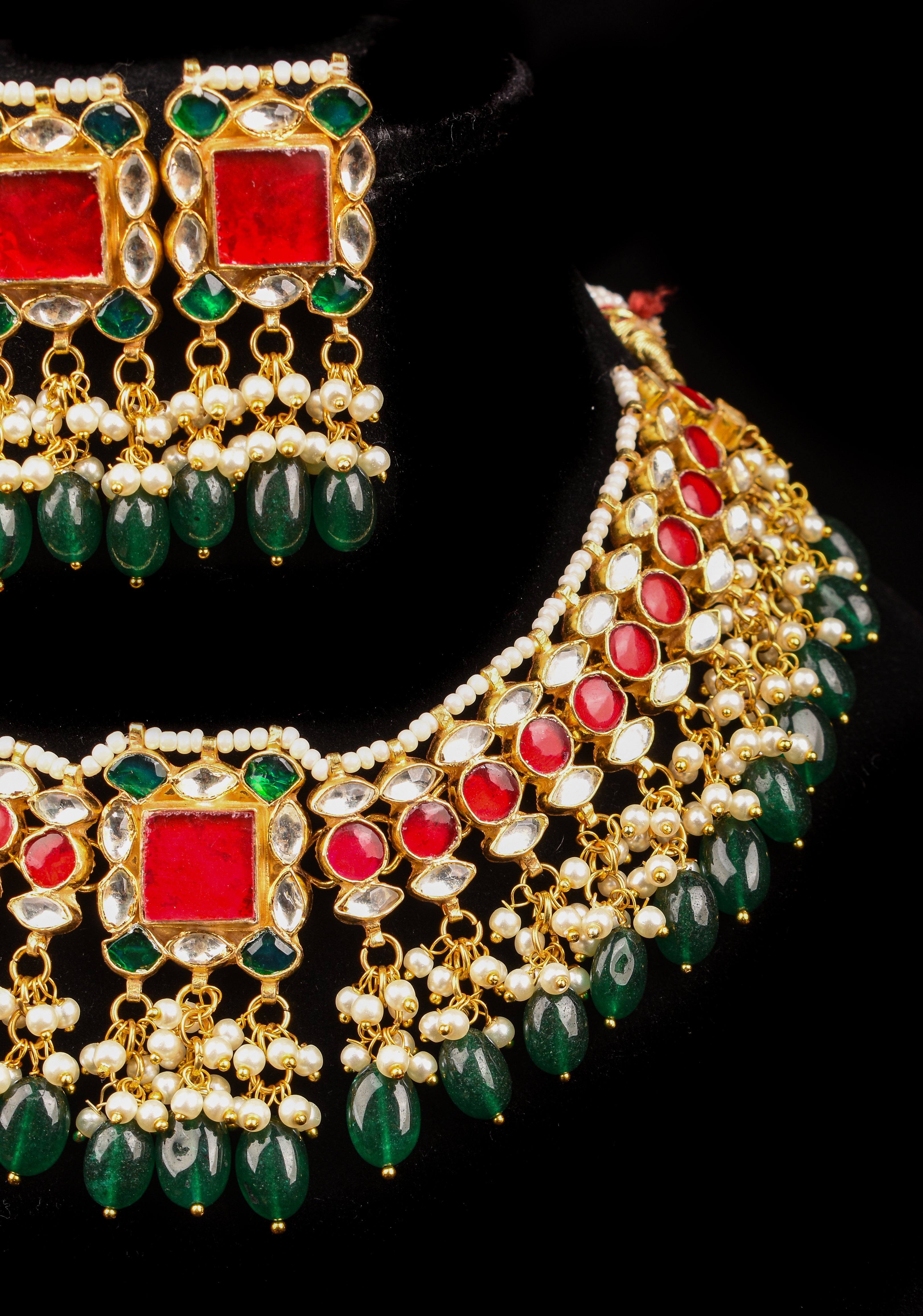 Ahmedabadi Antique Finish Jadau Handcrafted Choker set with dangling Green Beads and Pearls