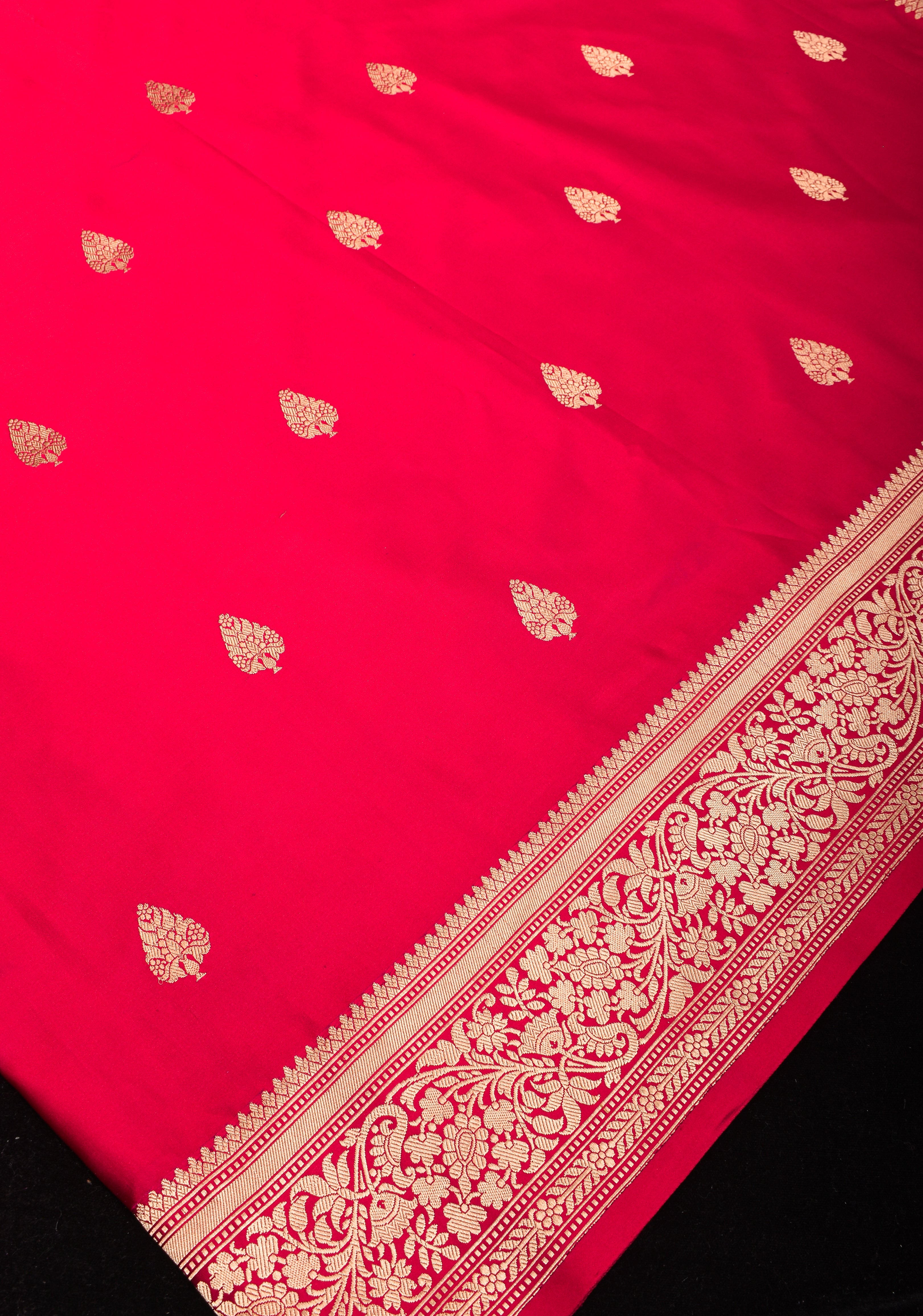 Red Banarasi Mashru Silk Saree with Damask Buttas and Zari Border | SILK MARK CERTIFIED