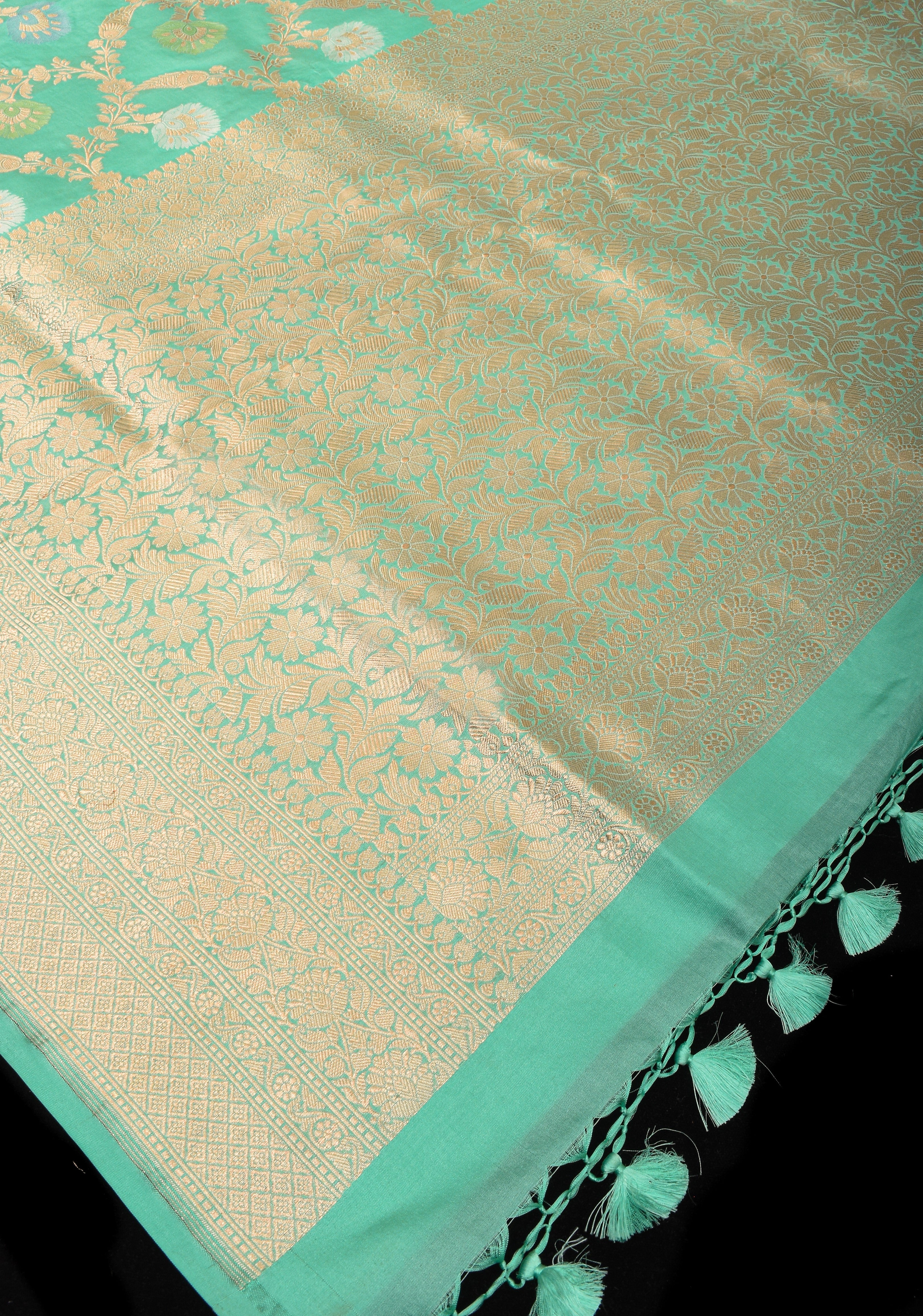 Lagoon Teal Exquisite Meenakari Floral Pattern Jaal Pure Katan Silk Banarasi Saree | SILK MARK CERTIFIED